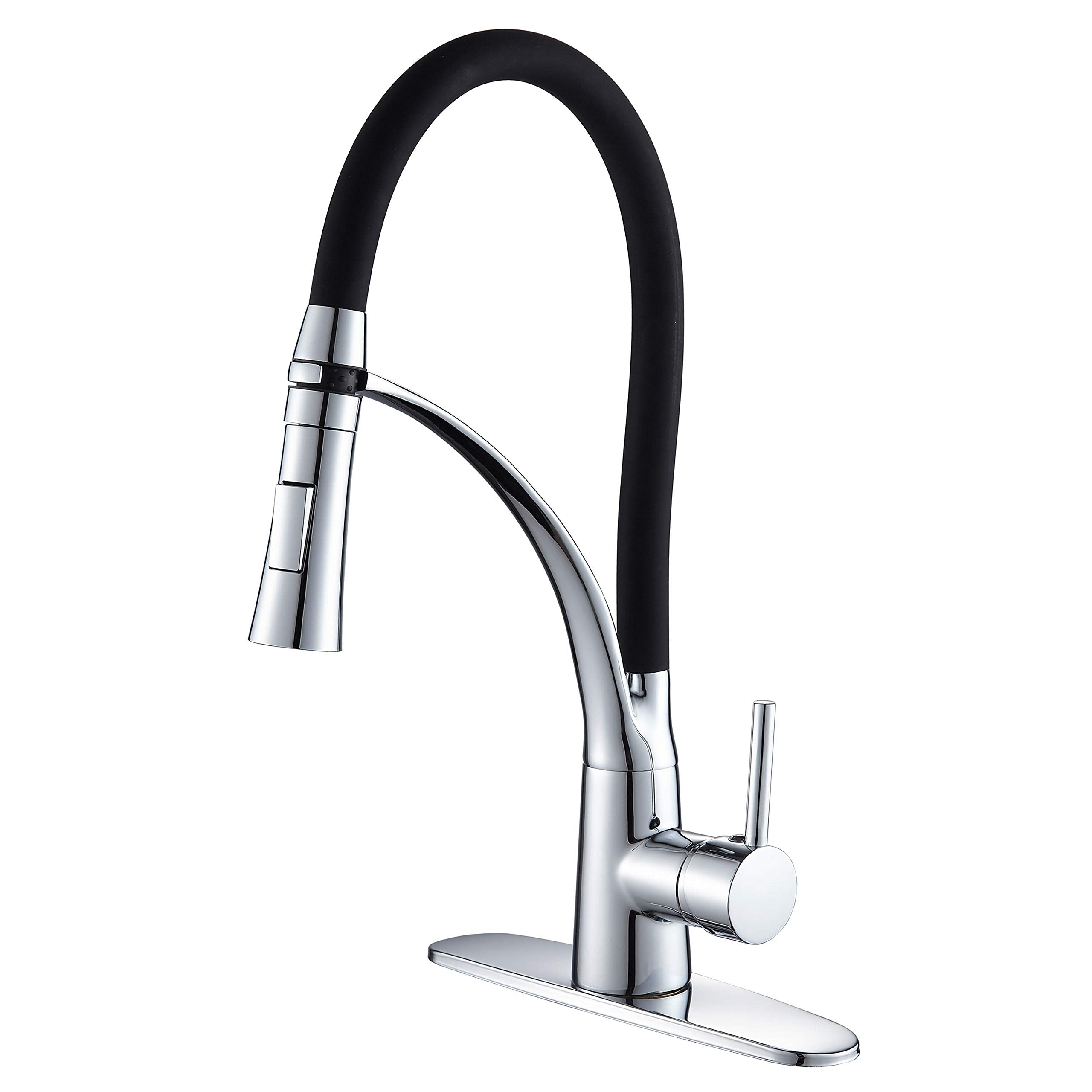 Roddex Pullout Kitchen Faucet Solid Brass Single Handle One Hole Kitchen Sink Faucet With 360 Swivel Modern Black Rubber Neck Pull Down Sprayer, 3 Hole Deck Plate, Polished Chrome