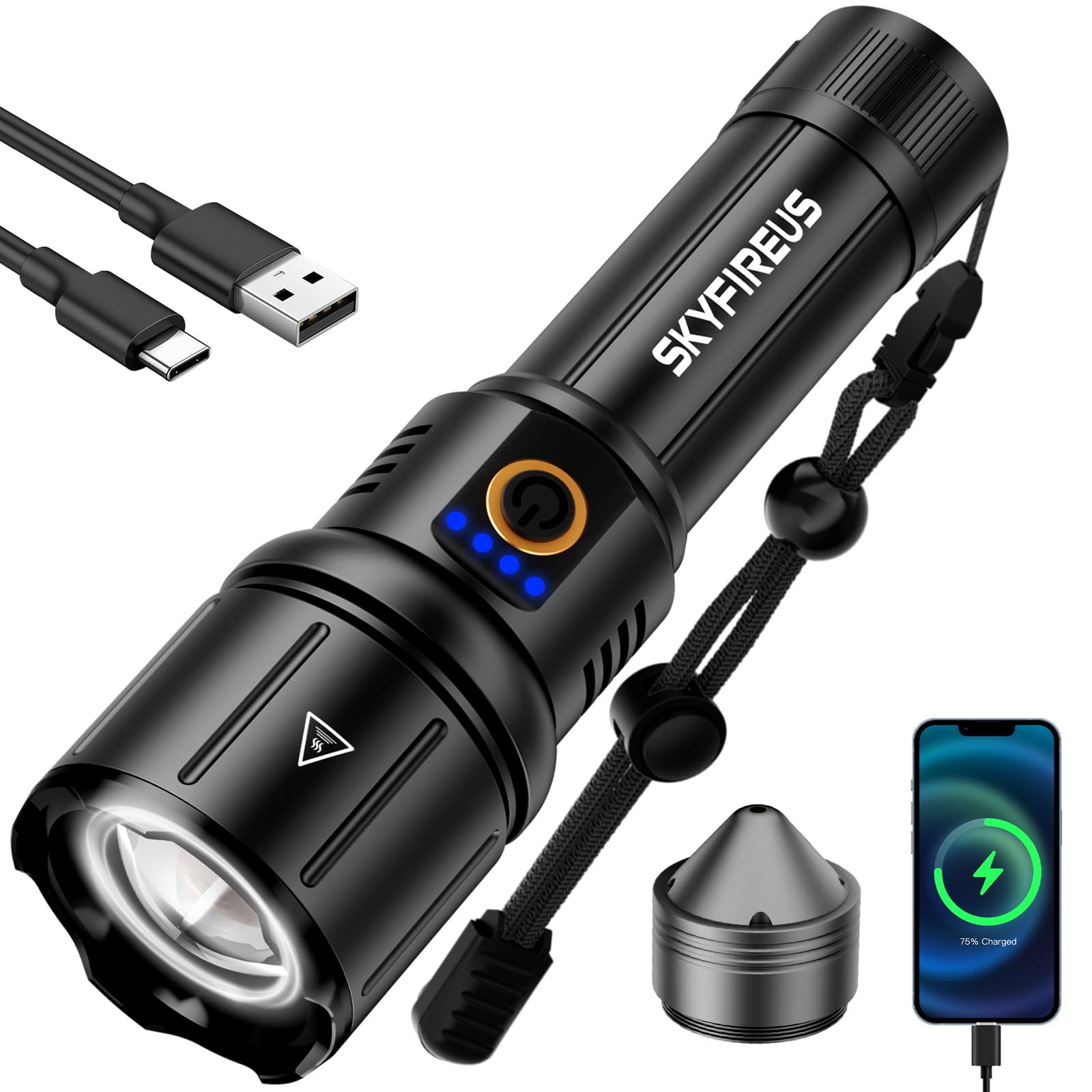 Skyfire Flashlights High Lumens With Ignition Lens,10000Lm Rechargeable Flashlights,Led Flashlight,Outdoor Super Bright Flashlight Handheld Flashlights For Emergency,Camping,Searching,Home,Black