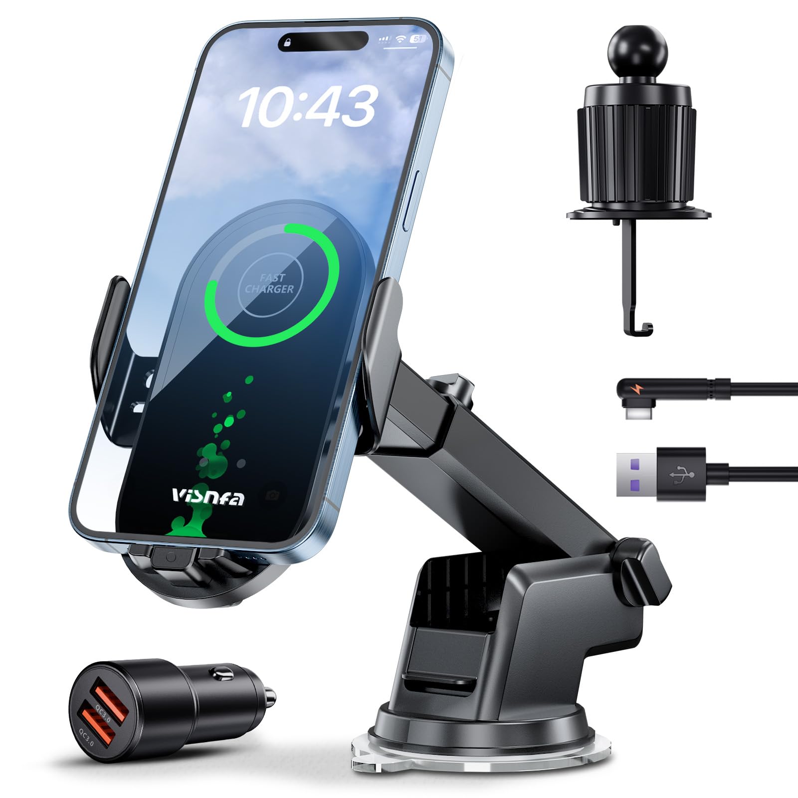 Visnfa Wireless Car Charger, 15W Fast Charging Car Phone Holder, 3 In 1 Phone Mount Auto Clamping Car Accessories Fit For Iphone 15/14/13/12 Pro/12/11/X/8, Galaxy S23 Ultra S22 S21/S10+, Etc, Black
