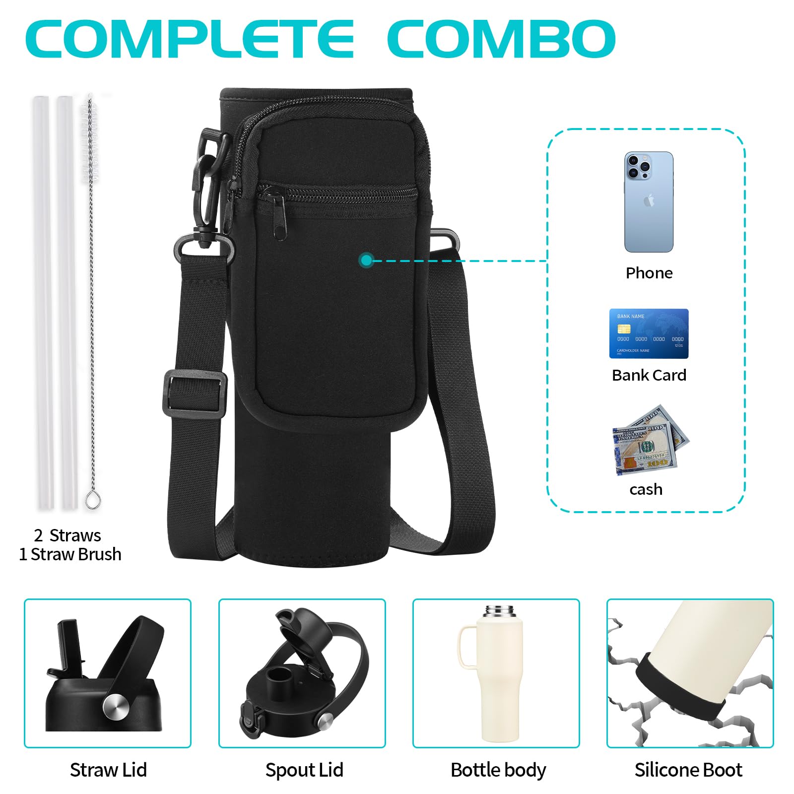 32/40 Oz Water Bottle With Handle, Stainless Steel Insulated Tumbler With Straw & Carrying Case