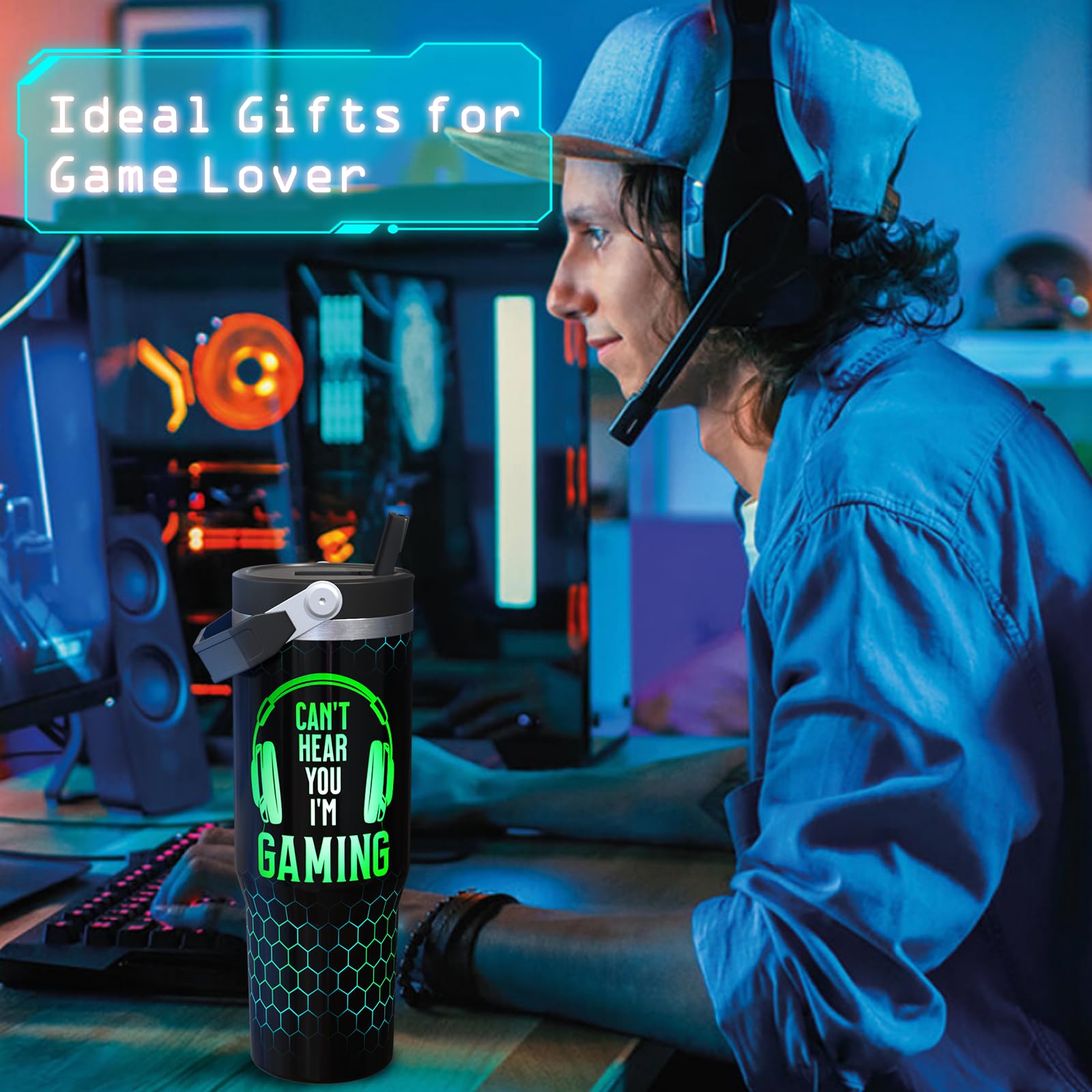 30 Oz Gamer Tumbler With Straw, 30Oz Gaming Flip Straw Tumbler Insulated Coffee Travel Mugs
