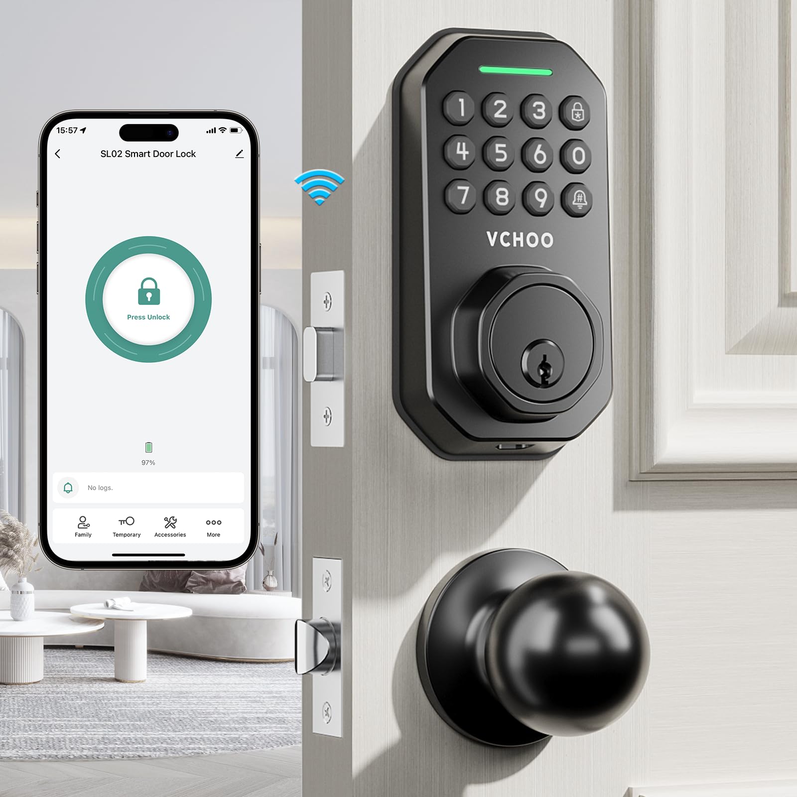 Vchoo Keyless Entry Door Lock With Handle Wi-Fi Door Locks For Front Door Anti-Peeping Password App Control Smart Door Lock For Homes Hotel Bedroom Doors With 2 Door Knobs