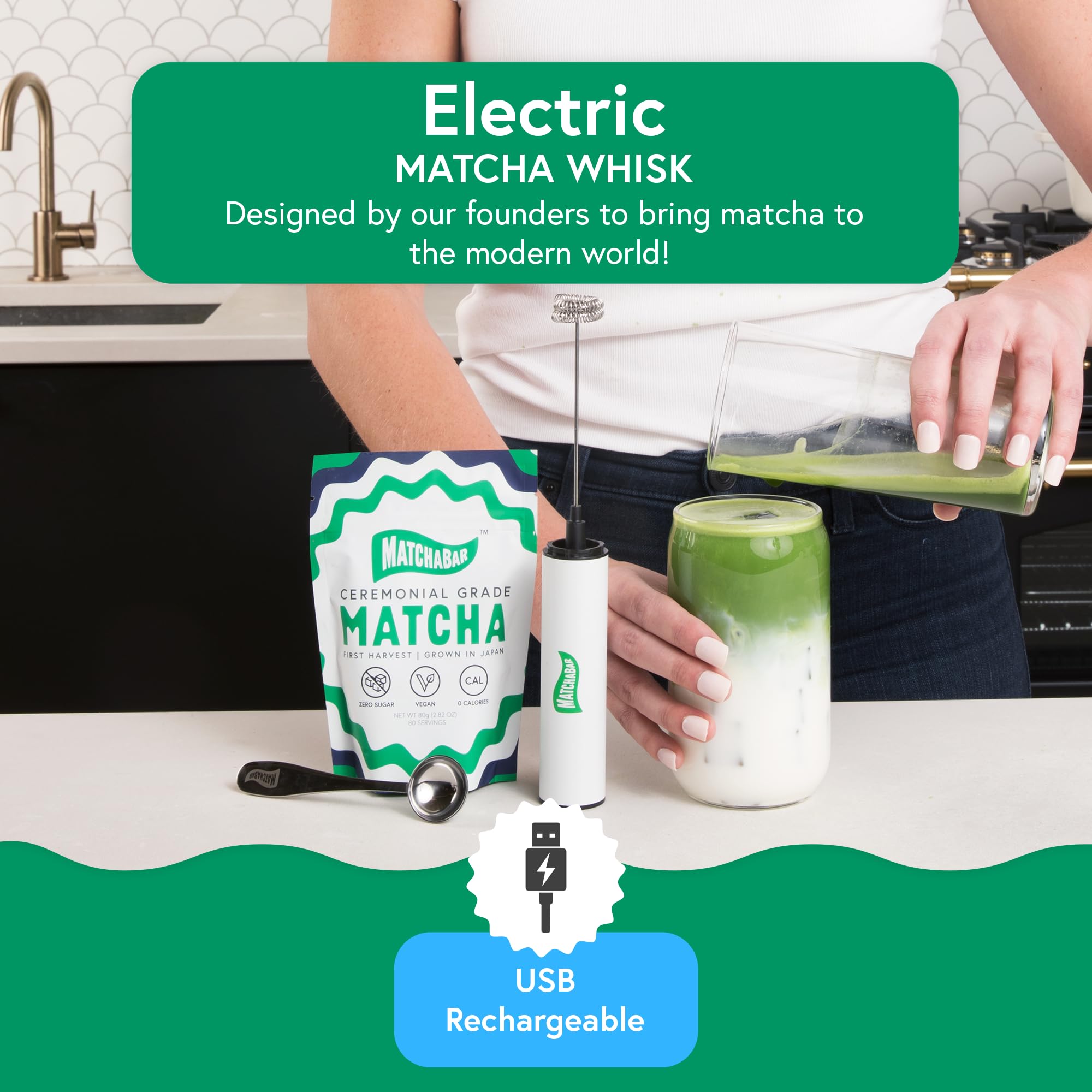 Matchabar Electric Milk Frother Hand Blender Stainless Steel Electric Matcha Whisk, Handheld Drink Mixer For Coffee, Greens & Protein Easy To Clean Usb Rechargeable, Dual Speed Immersion Blender