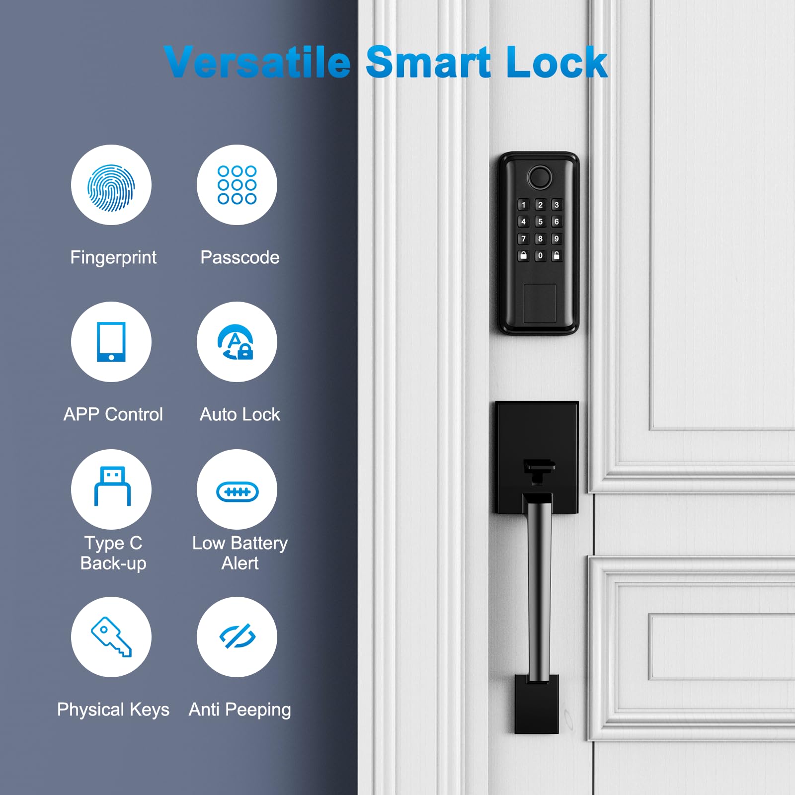 Seveko Keyless Entry Door Lock, Smart Locks For Front Door With Handle, Fingerprint Front Door Lock Set With App Control, Keypad Deadbolt Door Locks, Smart Lock Compatible With Alexa, Matte Black