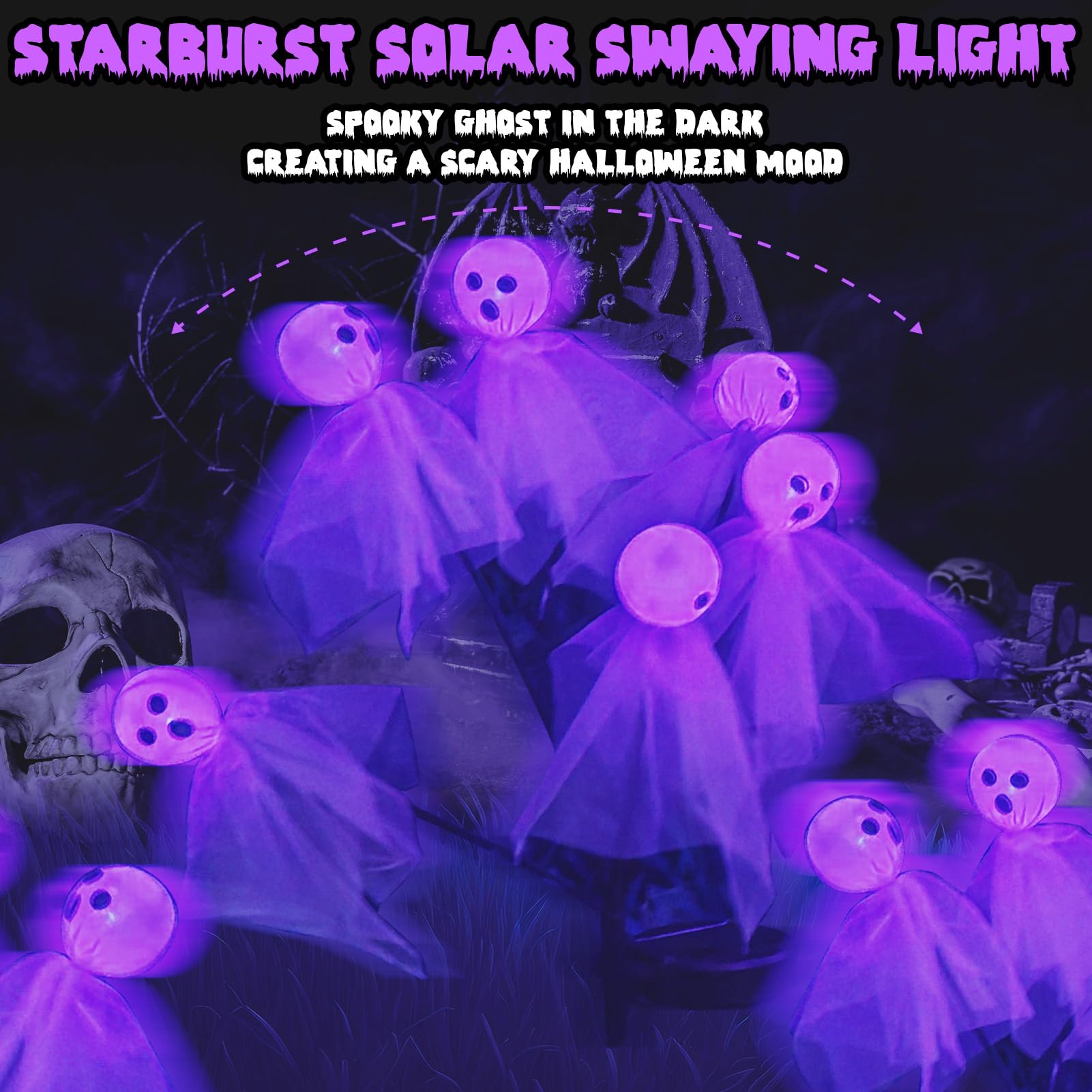 Maoyue Halloween Decorations Outdoor Halloween Lights 2Packs 12 Led Outdoor Solar Halloween Lights Scary Ghost Lights, Swaying Firefly Halloween Pathway Lights Waterproof For Garden Yard Lawn, Purple