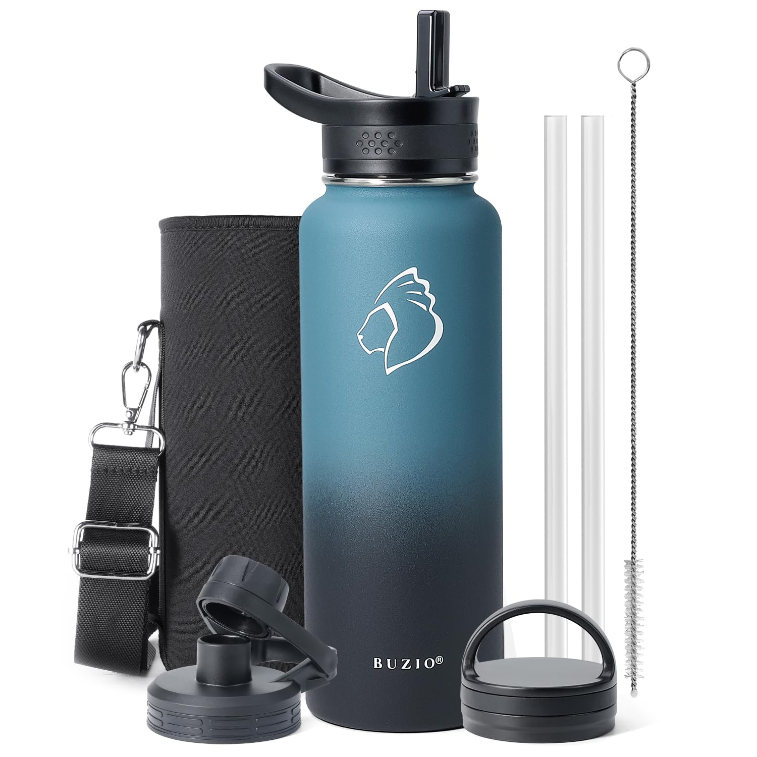 Buzio 40 Oz Water Bottle Insulated With Straw & 3 Lid And Carrying Pouch, Leak Proof Anti-Slip