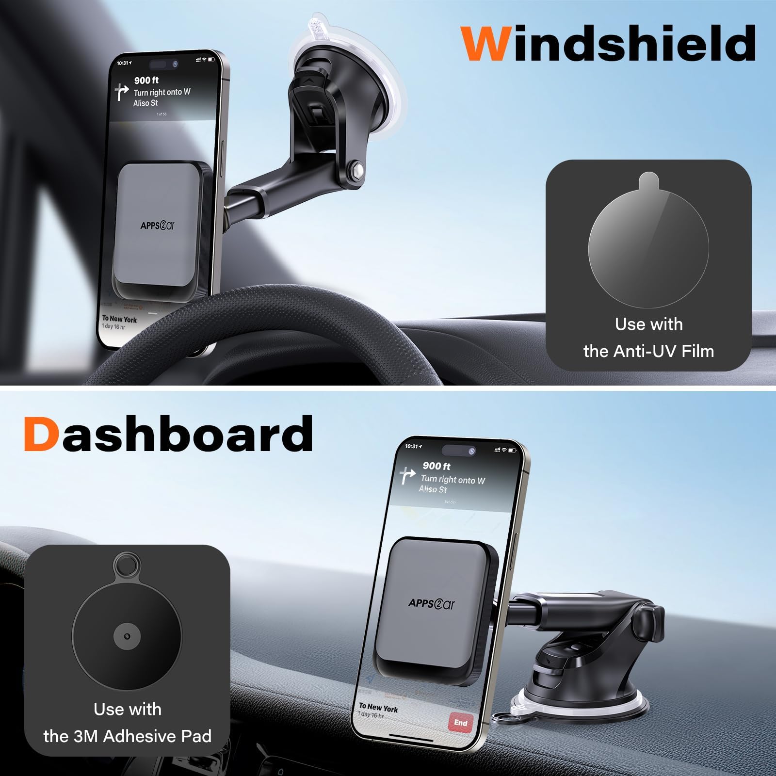 Apps2Car For Magsafe Car Mount, Magnetic Phone Holder For Car With Suction Cup, 17 Strong Magnets & Adjustable Arm, Dashboard & Windshield Phone Mount Compatible With Magsafe Case Iphone 12–15 Series