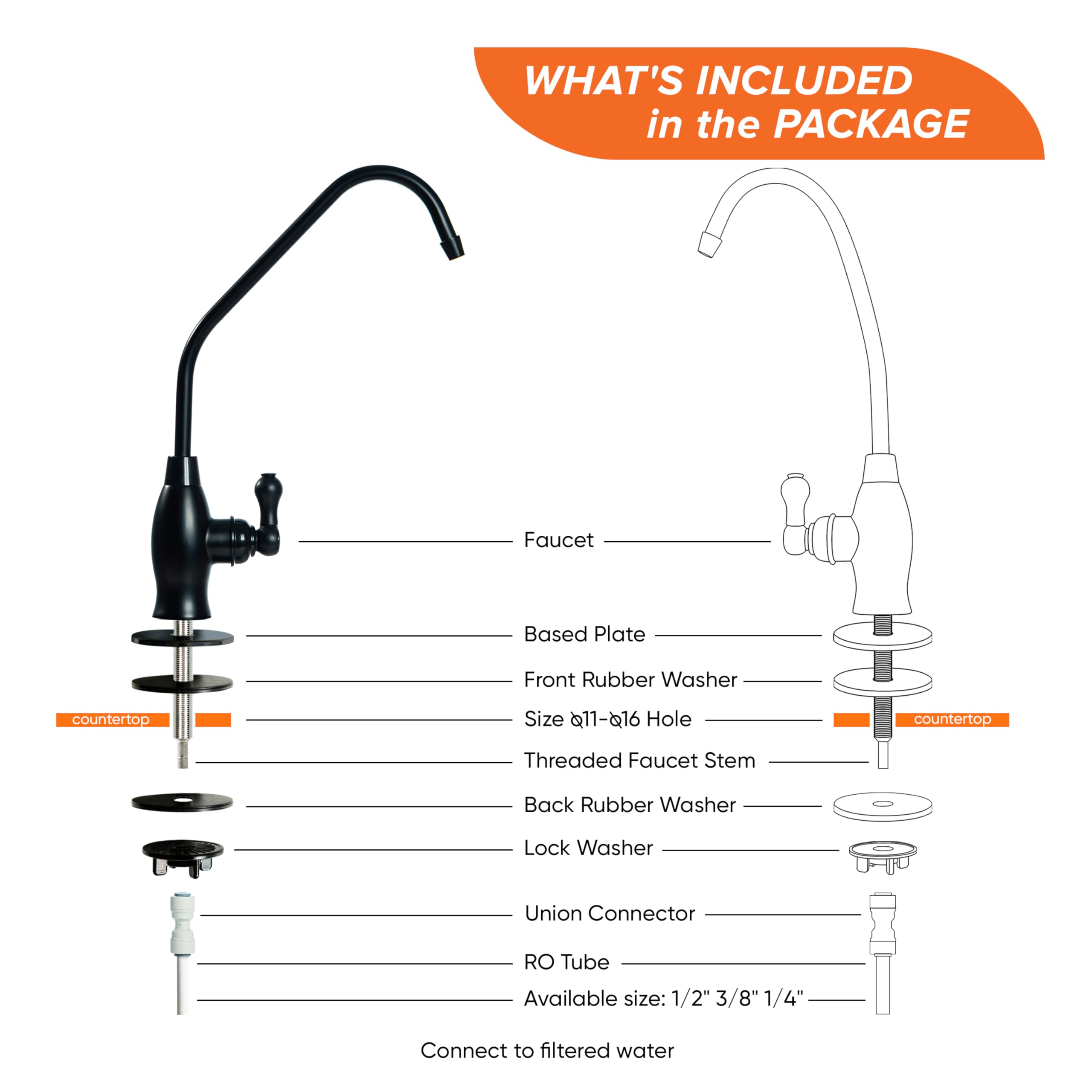 Aquaboon Ro Water Filter Faucet - Black, Stainless Steel, 304, Brushed, 1-Handle, 360 Swivel, Classic, Deck Mount, Single Hole, For Kitchen