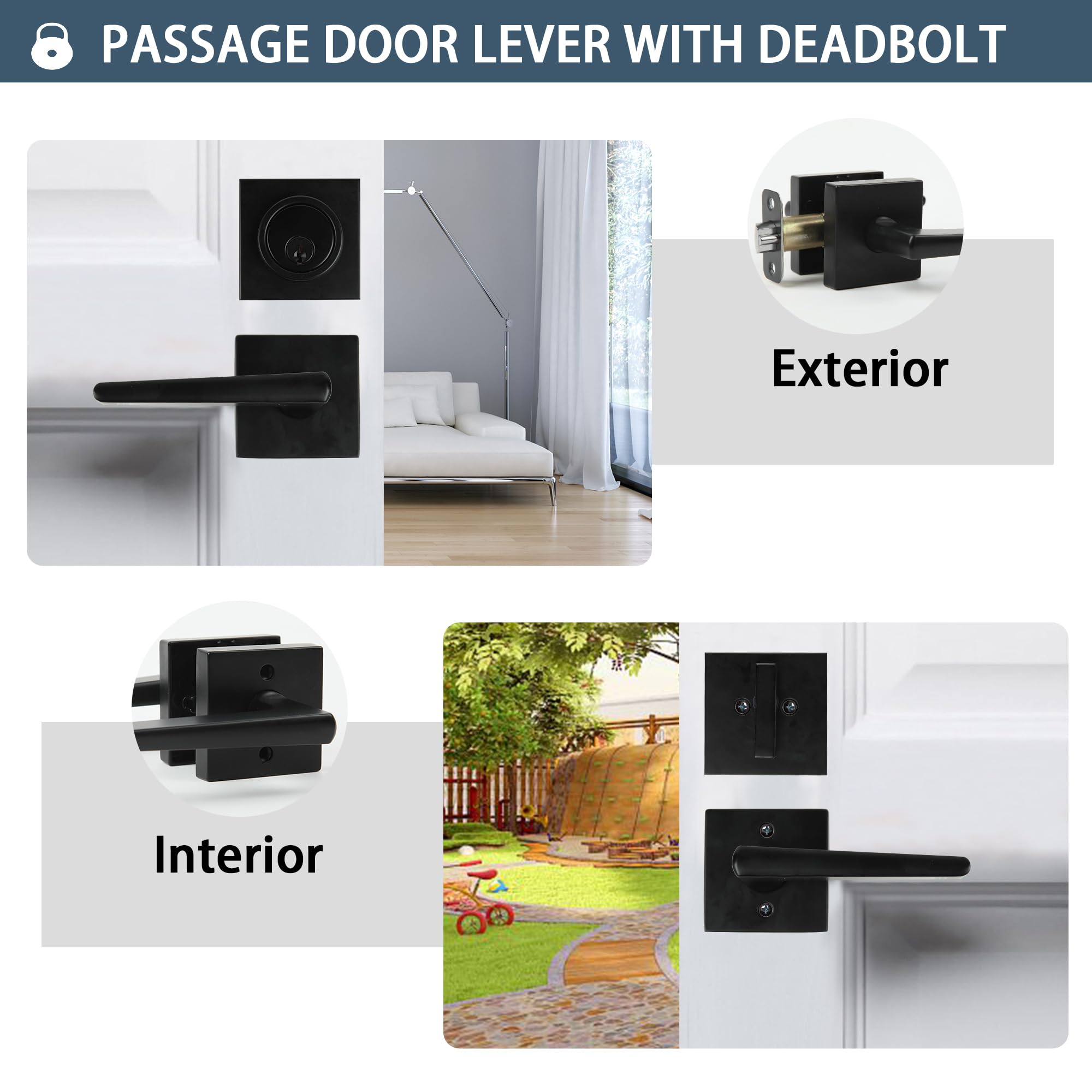 Zevaway Black Front Door Handle And Deadbolt Set,Door Handles Interior,Front Door Lock Set,Door Locks For Front Door,Dead Bolt And Door Handle Set, Square Heavy Duty Exterior Door Knob With Deadbolt,3Pack