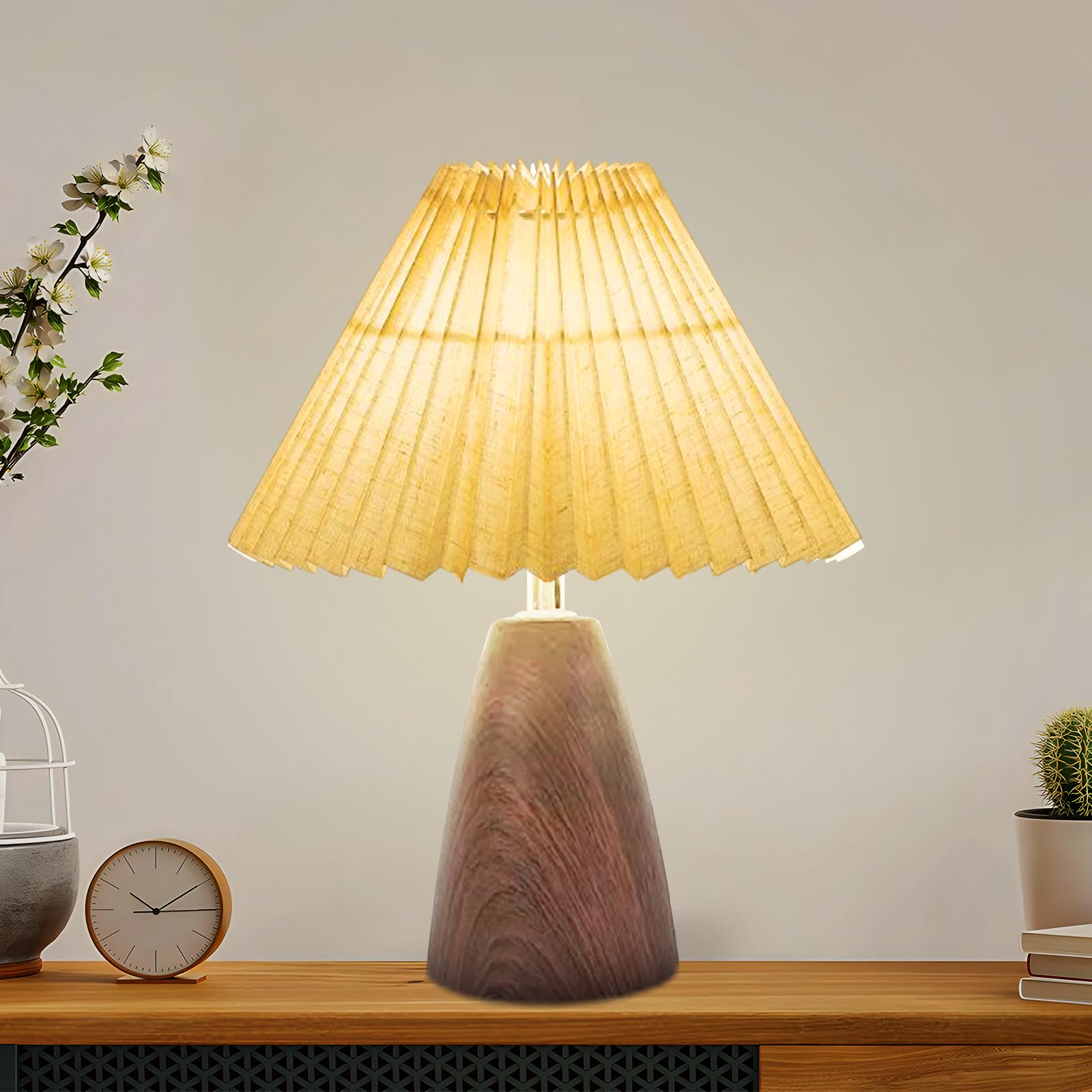 Aoteam Small Pleated Table Lamp, Modern Metal Base Nightstand Lamp With Beige Fabric Shade, Ideal For Bedroom, Living Room, Kids Room, And Study, A Cute Accent Lamp For Cozy Lighting (Wood Grain Lamp-6)
