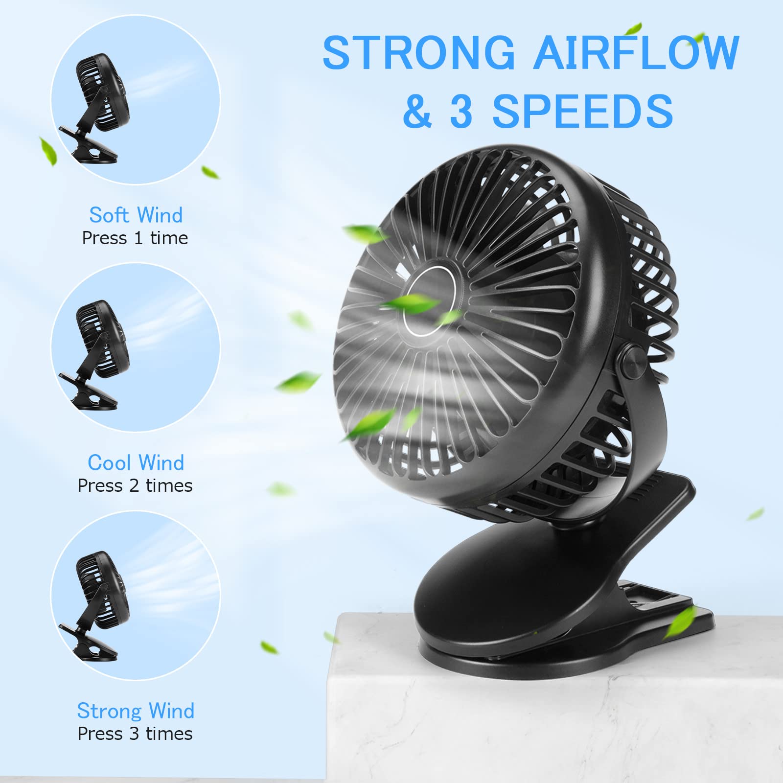 Clip-on Aogeli mini fan with 3 adjustable speeds, 5000mAh rechargeable battery for personal cooling by the bed