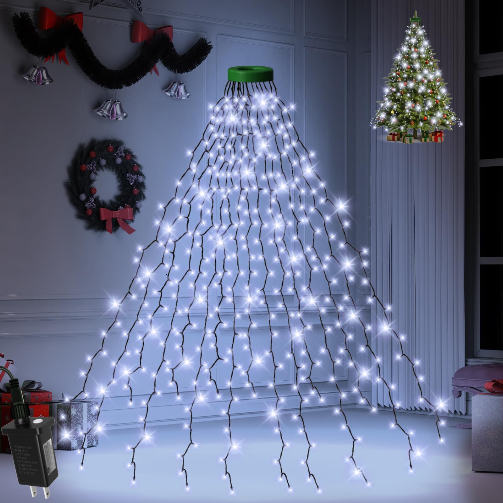 Ffzzkj 400 Led Christmas Tree Lights 8 Modes Christmas String Lights For Tree With Timer 6.6Ft X 16 Lines Lights String Waterproof Christmas Decorations Outdoor/Indoor With Memory Function, Cold White