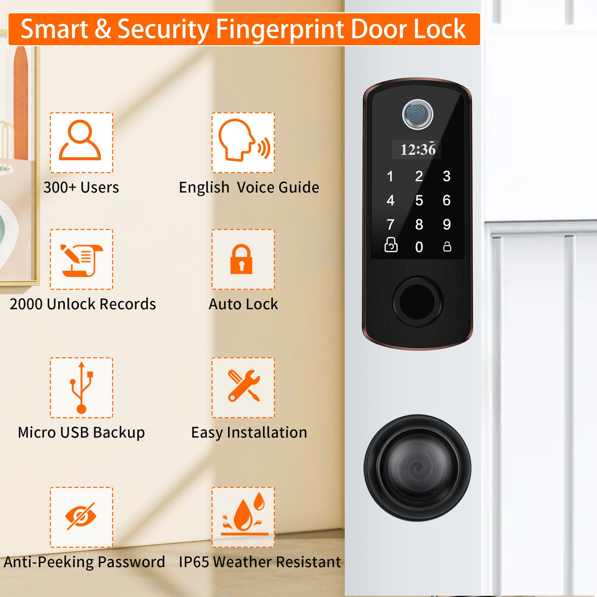Bebasia Smart Door Lock, Biometric Fingerprint, 300+ Users, Oled Display & Voice Guide, Keyless Entry, Front Door Lock Set, Electronic Keypad Deadbolt, Aged Bronze