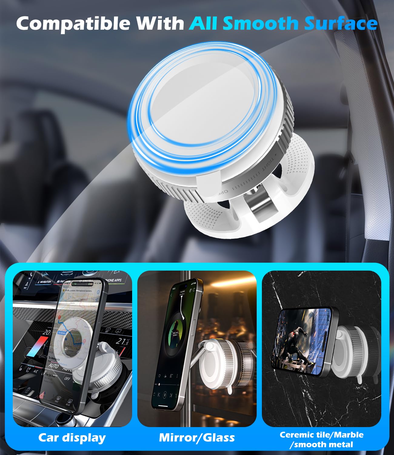 Alafly Vacuum Suction Cup Car Phone Holder, Compatible With Magsafe, 360° Adjustable & Foldable Magnetic Phone Mount For Car/Glass/Any Smooth Surface, Hands- - White