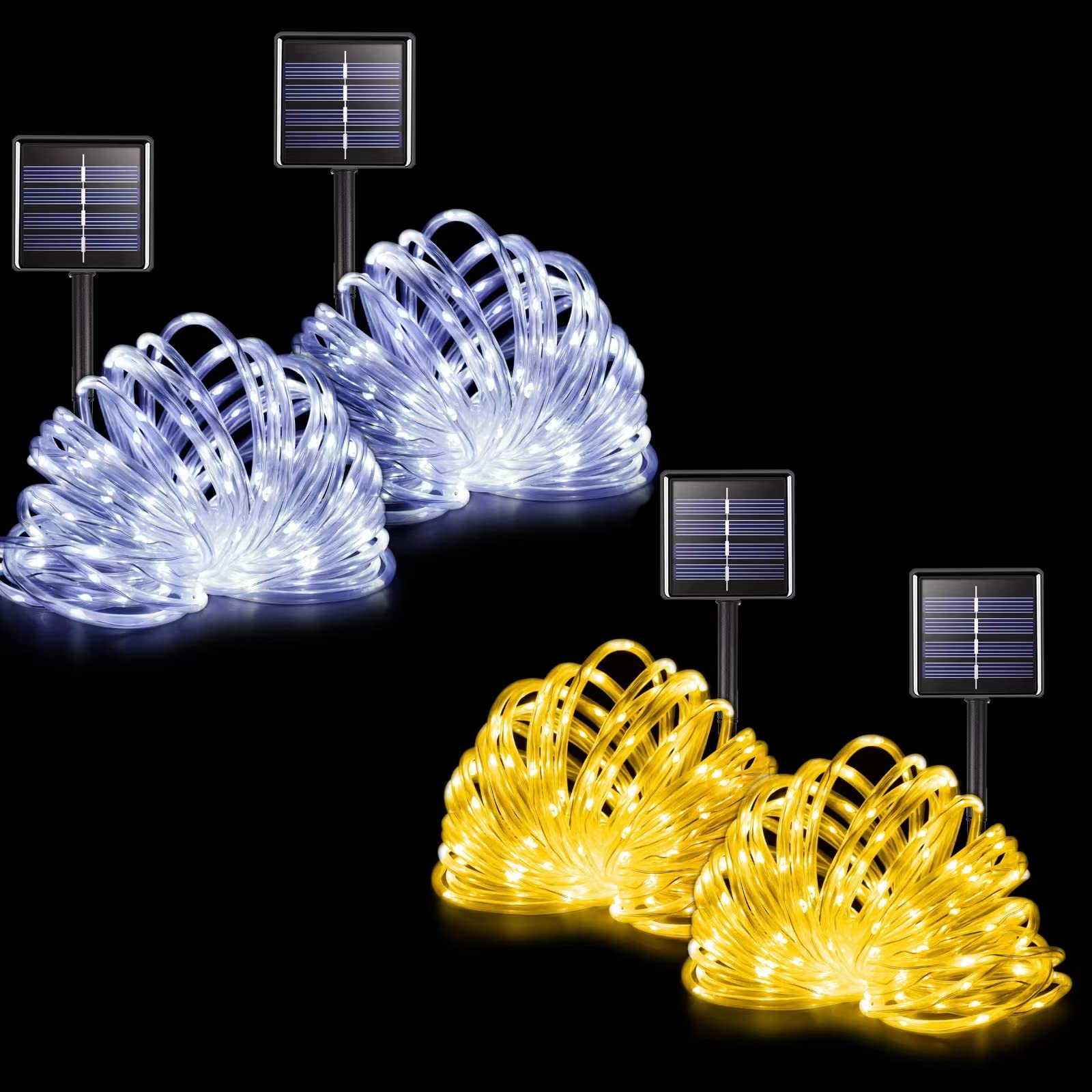 Potive 2 Pack White Solar Rope Lights And 2 Pack Warm White Solar Rope Lights