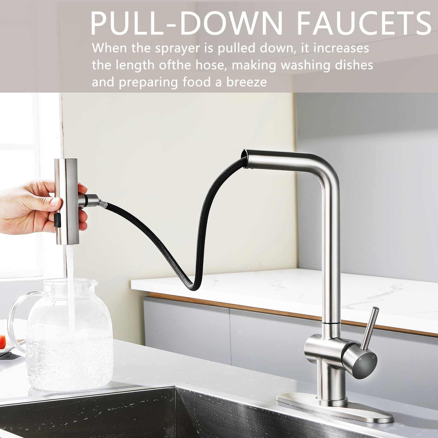 Vsunhoo Brushed Nickel Kitchen Faucets, Kitchen Faucet With Sprayer, Single Handle Pull Out Kitchen Sink Faucet With 3 Modes Sprayer, Commercial Farmhouse Rv Bar Utility Kitchen Faucets Kf034L