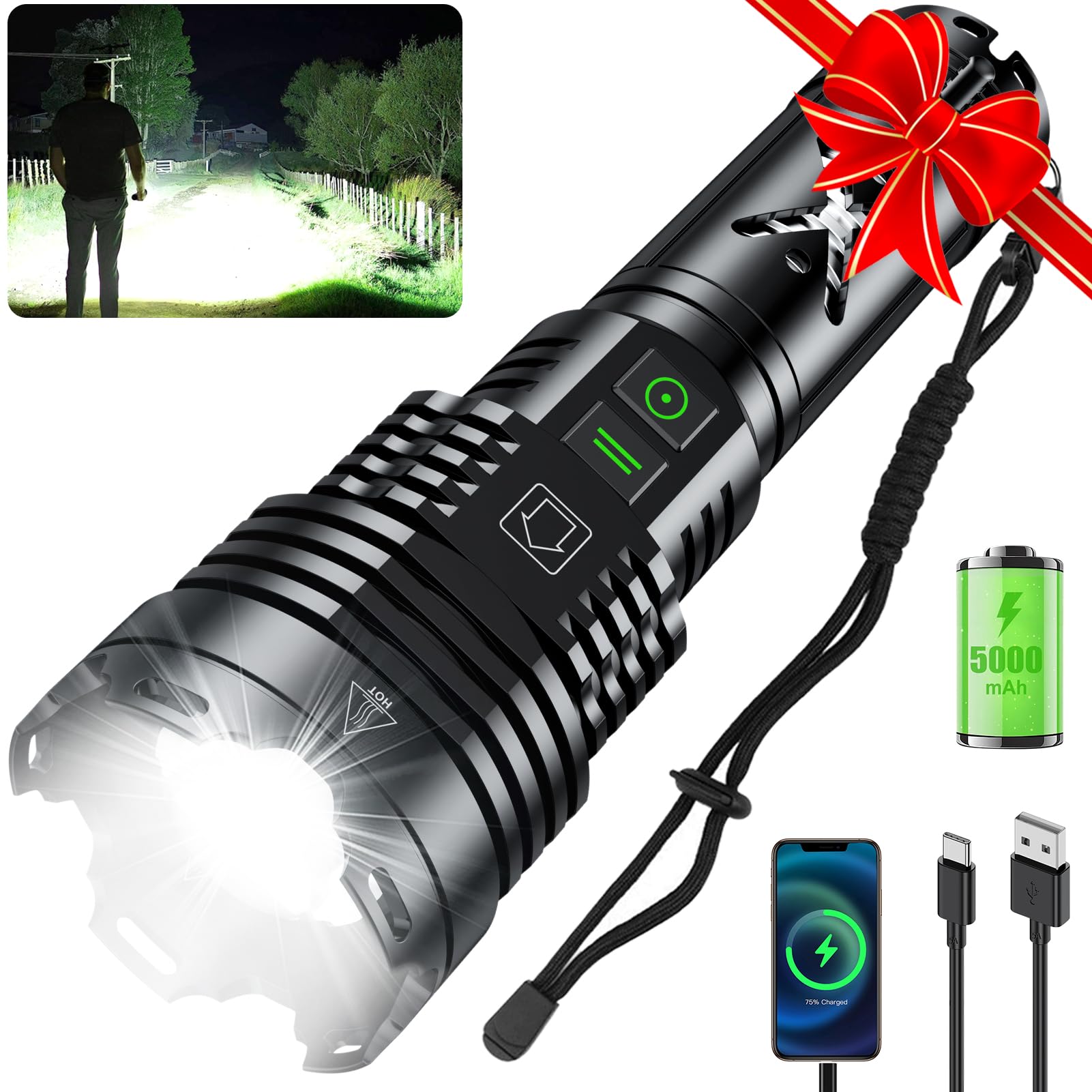 Grentay Led Flashlights 2000000 High Lumens,Tactical Flashlight Rechargeable Usb C, 6 Modes, Zoomable, Ip67 Waterproof, High Powered Flashlight For Home Camping Emergencies