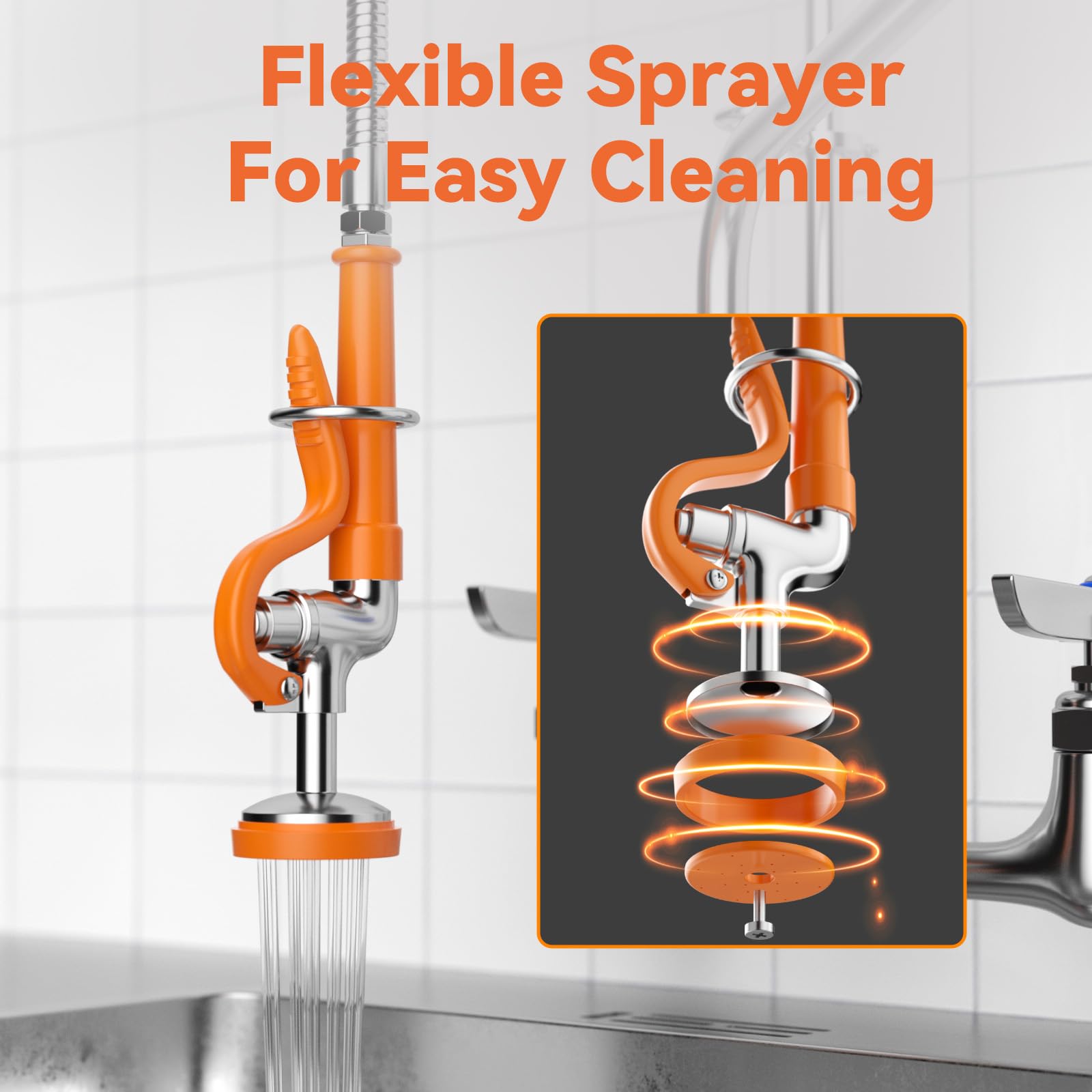 Topkitch Commercial Kitchen Sink Faucets Wall Mounted Type Brass Constructed Polished Chrome Pre-Rinse Device 47" Height 8" Adjustable Center With Coilded Spring Pull Down Sprayer And 12" Add-On Spout