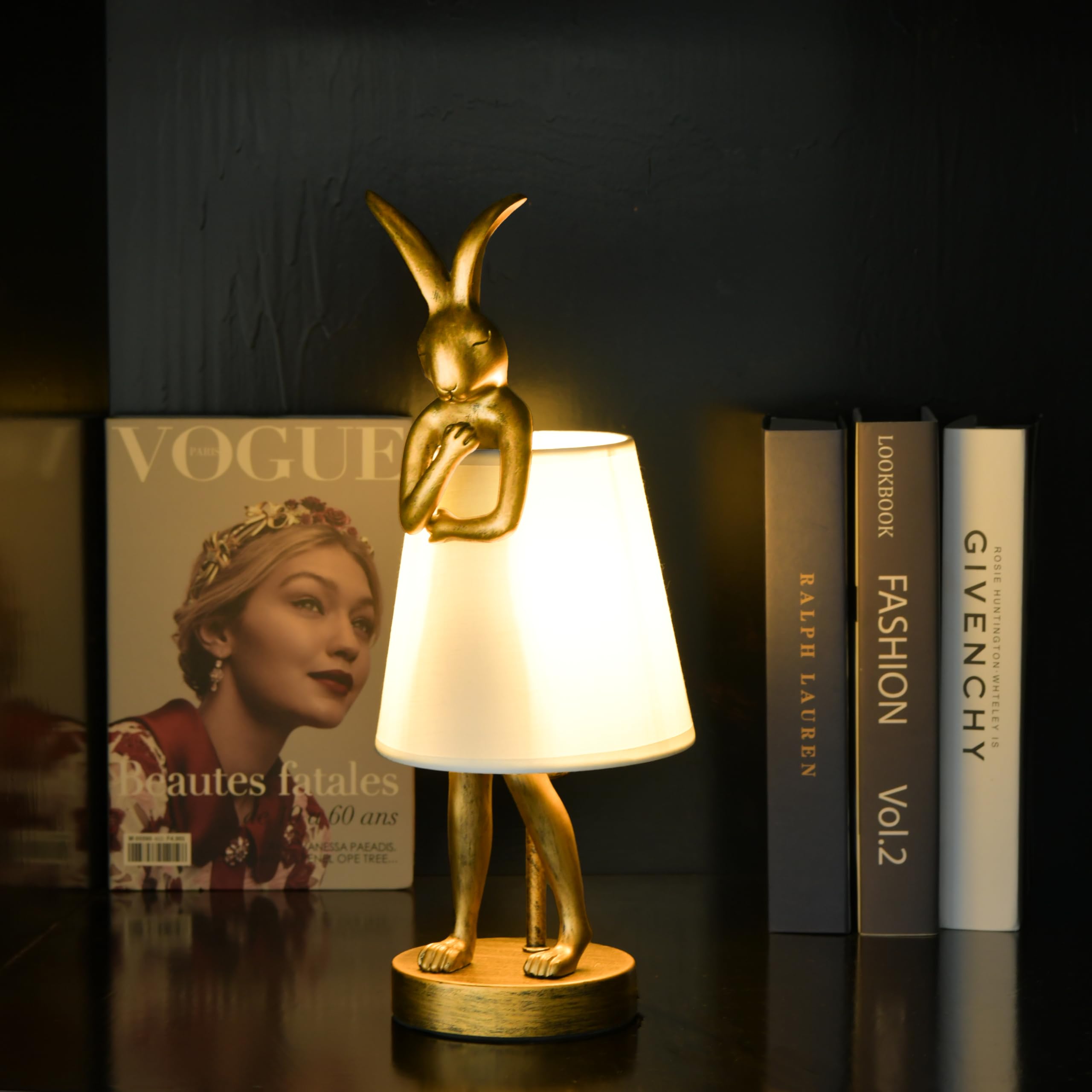 Yht Bunny Table Lamp,Cute Animal Rabbit Lamp,15.7" Vintage Led Desk Light With Linen Lampshade,Gold Main Part Beside Lamp For Bedroom/Office/Study Room/Home Decor (White)