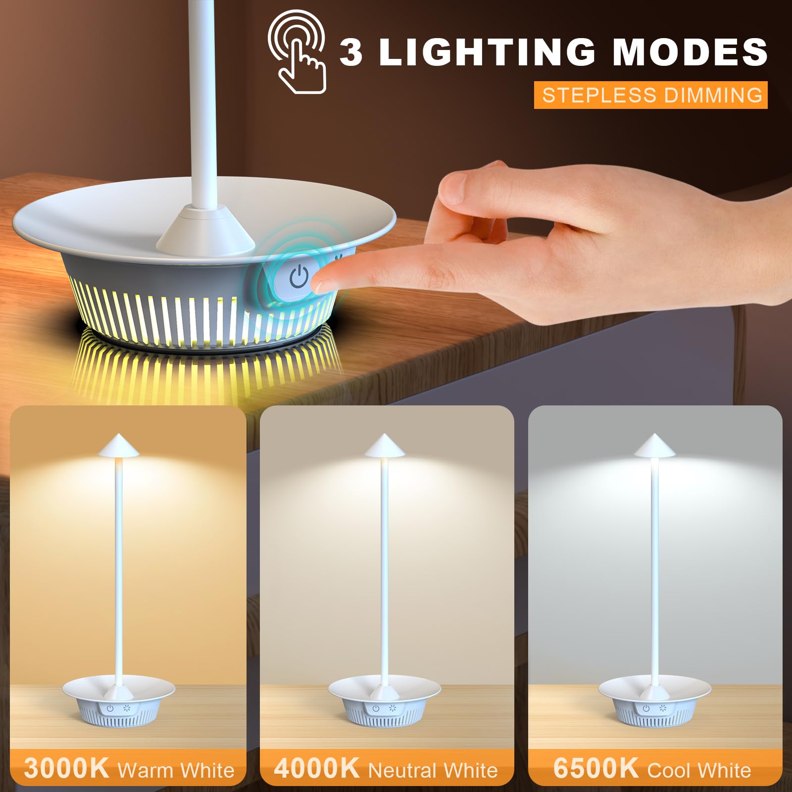 Surmountor Bedside Table Lamp For Bedroom - 3 Color Dimmable Touch Lamp Rechargeable Battery Operated Portable Cordless Lamp With 7 Rgb Color Changing Mode For Living Room, Desk, Bedroom White