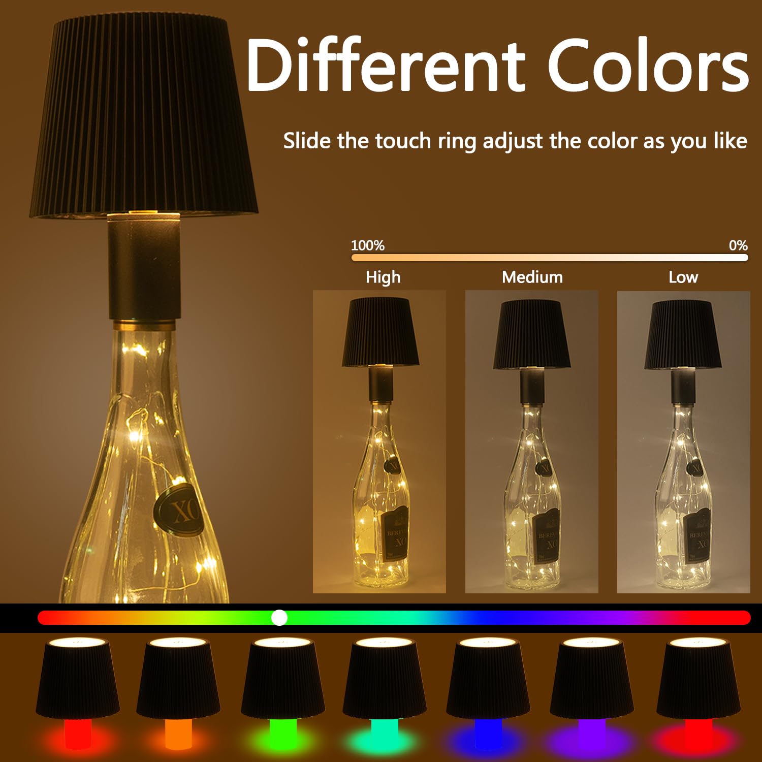 Oruno Wireless Bottle Lamp, Rgb Modes & 3 Color Stepless Dimming Bottle Lamp Shade, 5600Mah Rechargeable Touch Table Lamp With 80Cm Led Strip Lights, Desk Lamp For Bedrooms/Restaurants/Bars (Black)