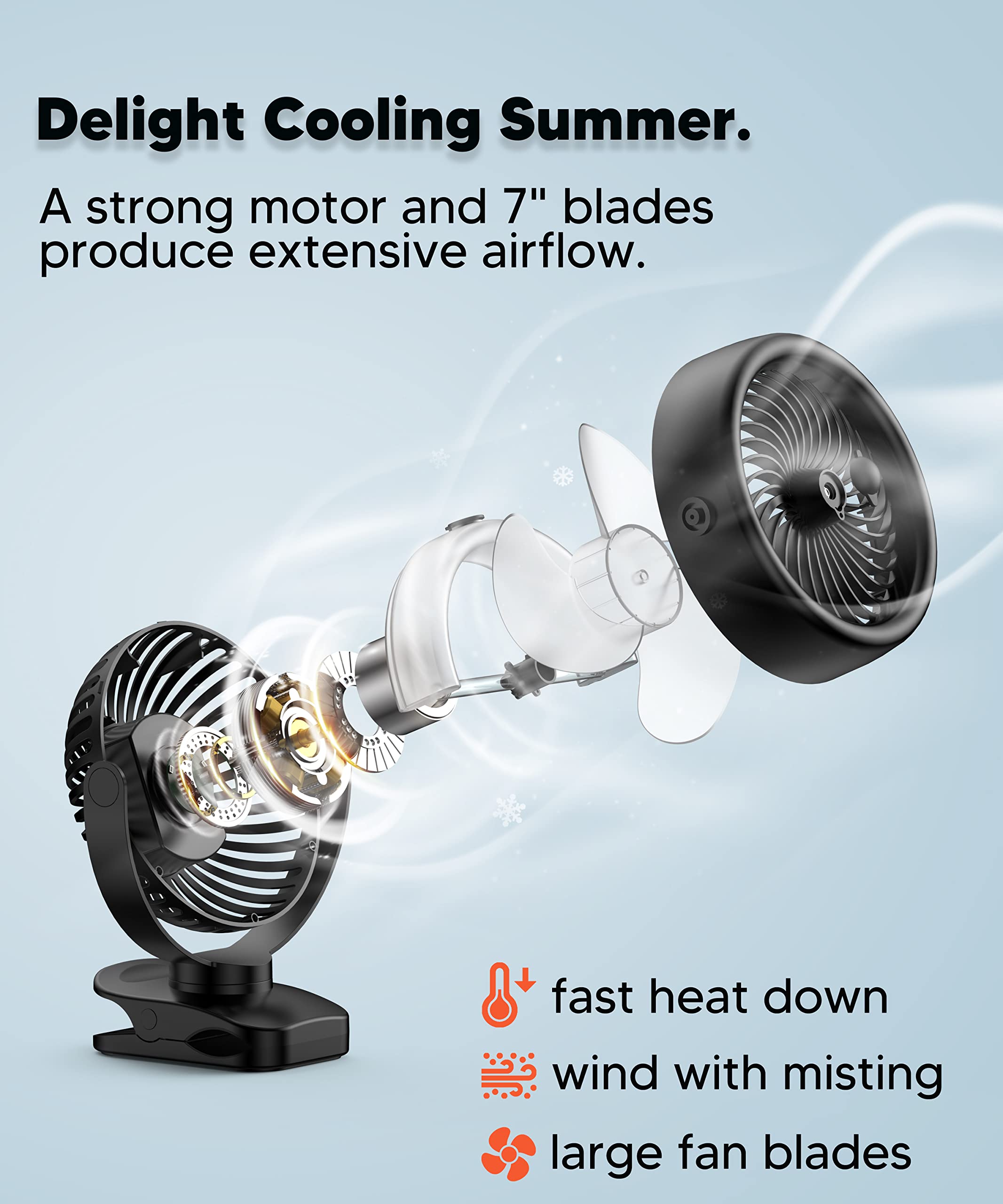Tyzu 7" Portable Cooling Misting Fan 4000Mah Rechargeable Battery 130Ml Tank Outdoor Clip-On 4 Speed