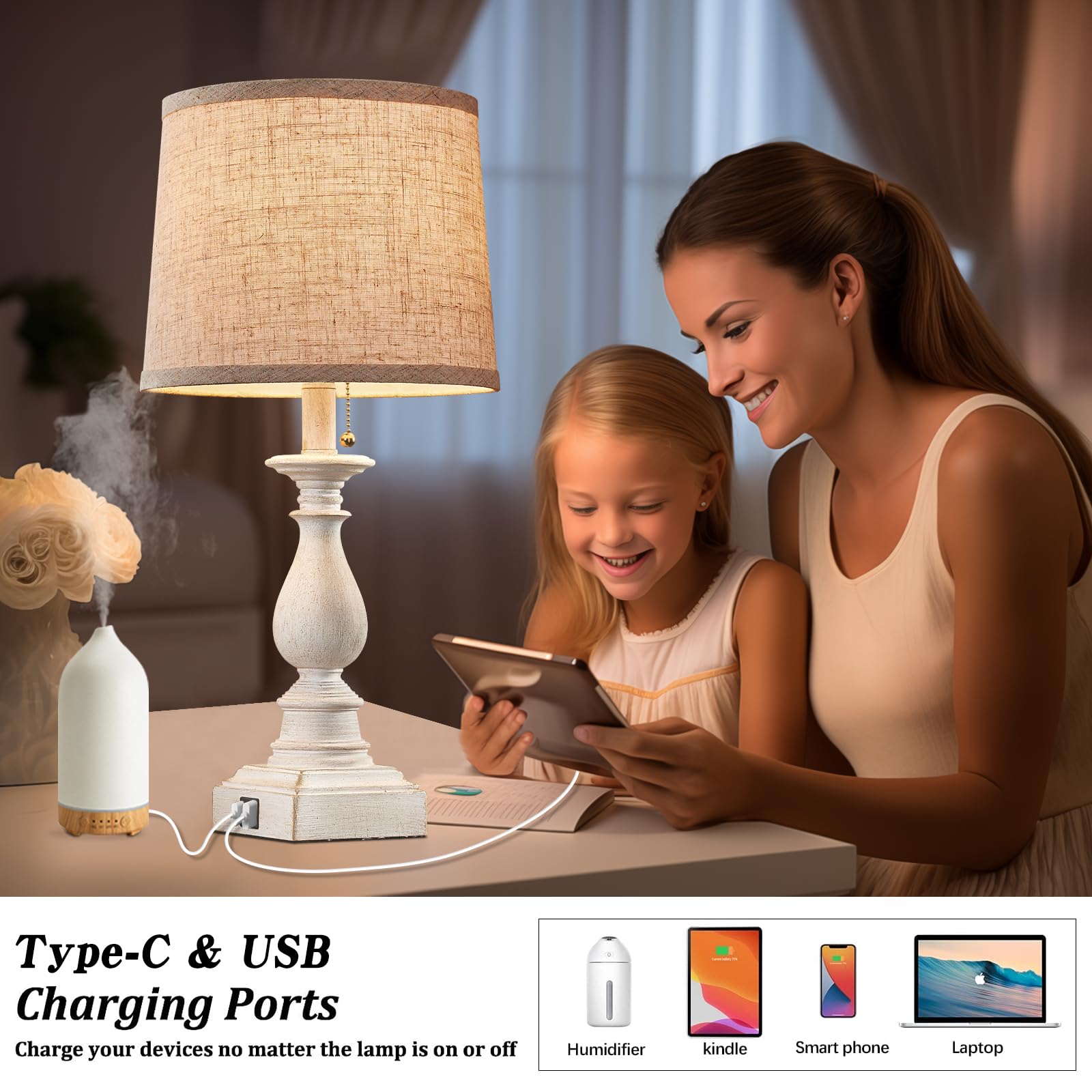 Huitico 21.5'' Bedside Table Lamps For Bedroom Set Of 2 Nightstand Lamps With Usb A + C Charging Ports Modern Farmhouse Small Table Lamps For Living Room End Tables, White, Bulbs Not Included