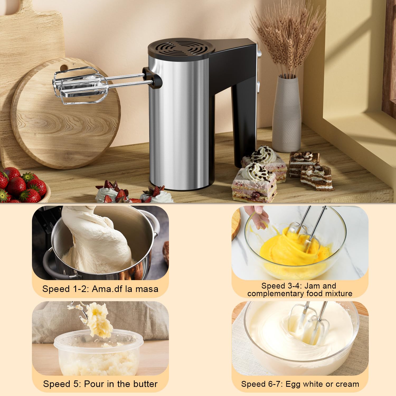 Mera House Stainless Steel Hand Blender, 5 Speed, Turbo Mixer With Interchangeable Blades, Pastry Blenders, Includes 2 Rods And 2 Hooks, Versatile Electric Manual Blender