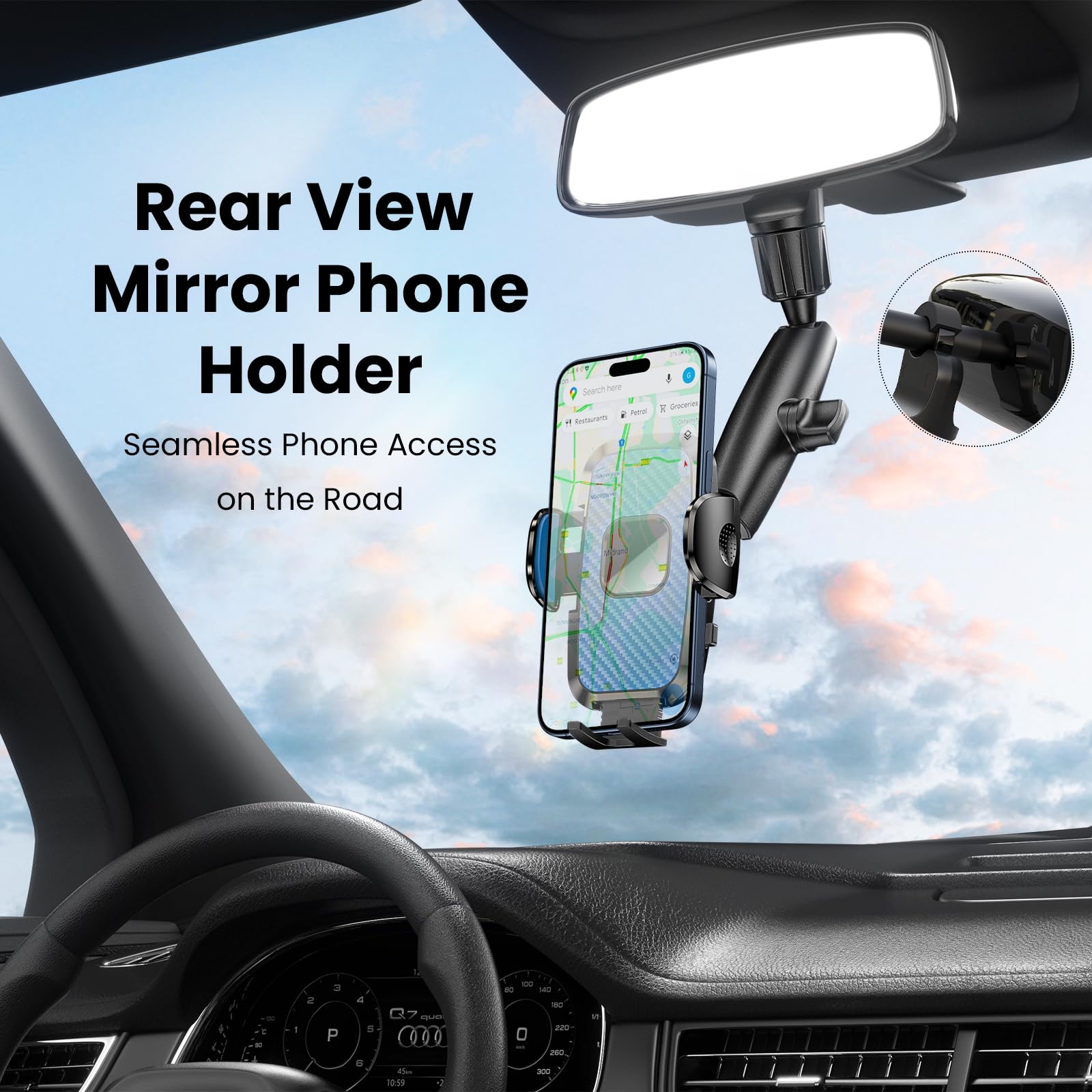 Jdhdl Rear View Mirror Phone Holder, 360° Rotating Car Phone Holder Mount Compatible With All 4-7 Inch Iphone And Android Cell Phones (Blue)