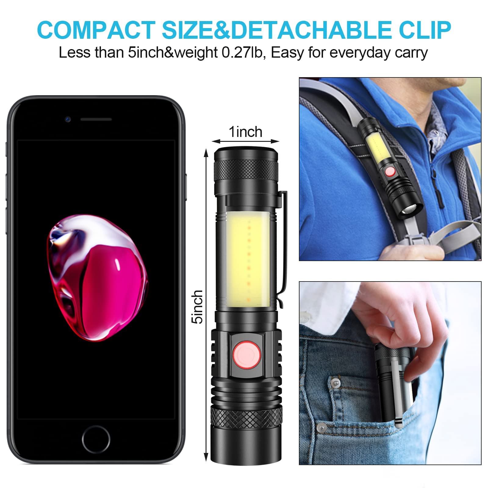 Proastar Rechargeable Flashlight, Super Bright Led Flashlight With Cob Sidelight, Zoomable, Waterproof, 4 Modes, Utility Flashlight For Camping, Emergency
