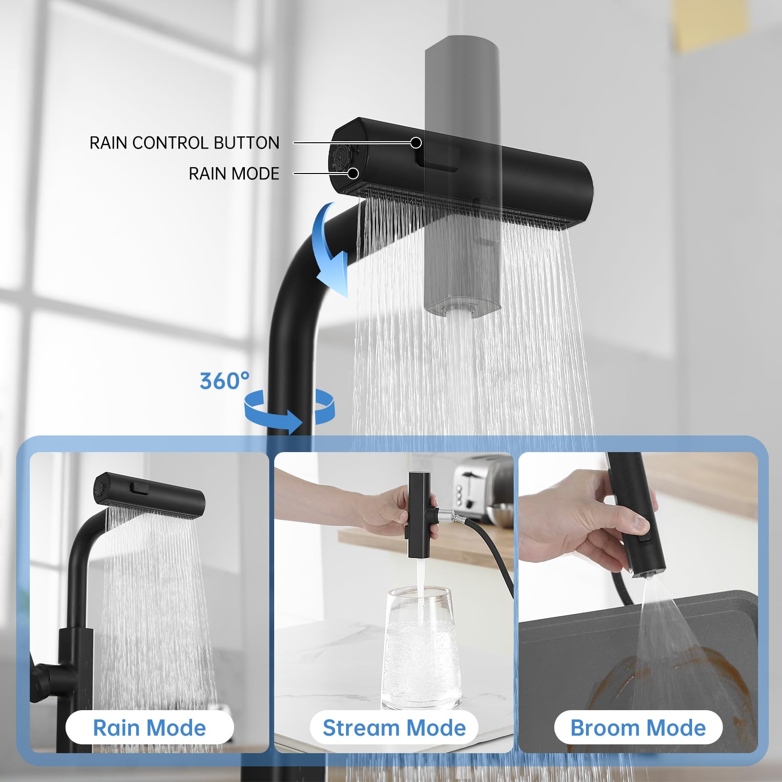 Rumose Kitchen Faucets With Pull Down Sprayer Matte Black Waterfall Rv Kitchen Sink Faucet With Sprayer 3-Mode Commercial High Arc Single Hole Or 3 Hole Stainless Steel Laundry Faucet With 360° Swivel