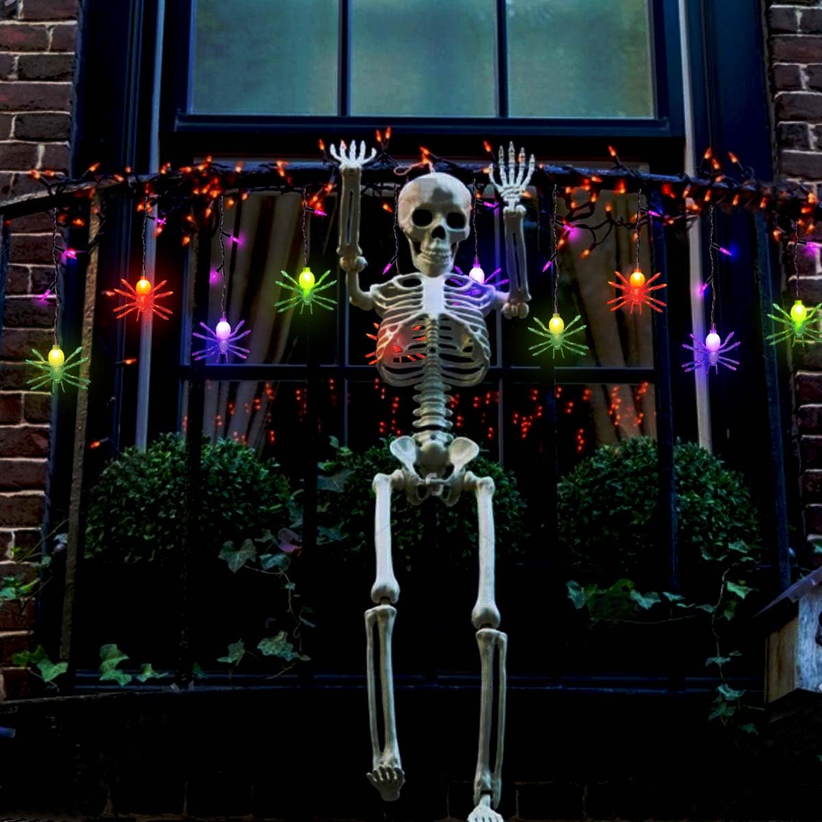 Smatols Solar Halloween Spider String Lights, 12Ft Decorations With 10 Spiders And 15 Purple Mini Lights, Curtain For Outdoor Window Patio Stair Decor