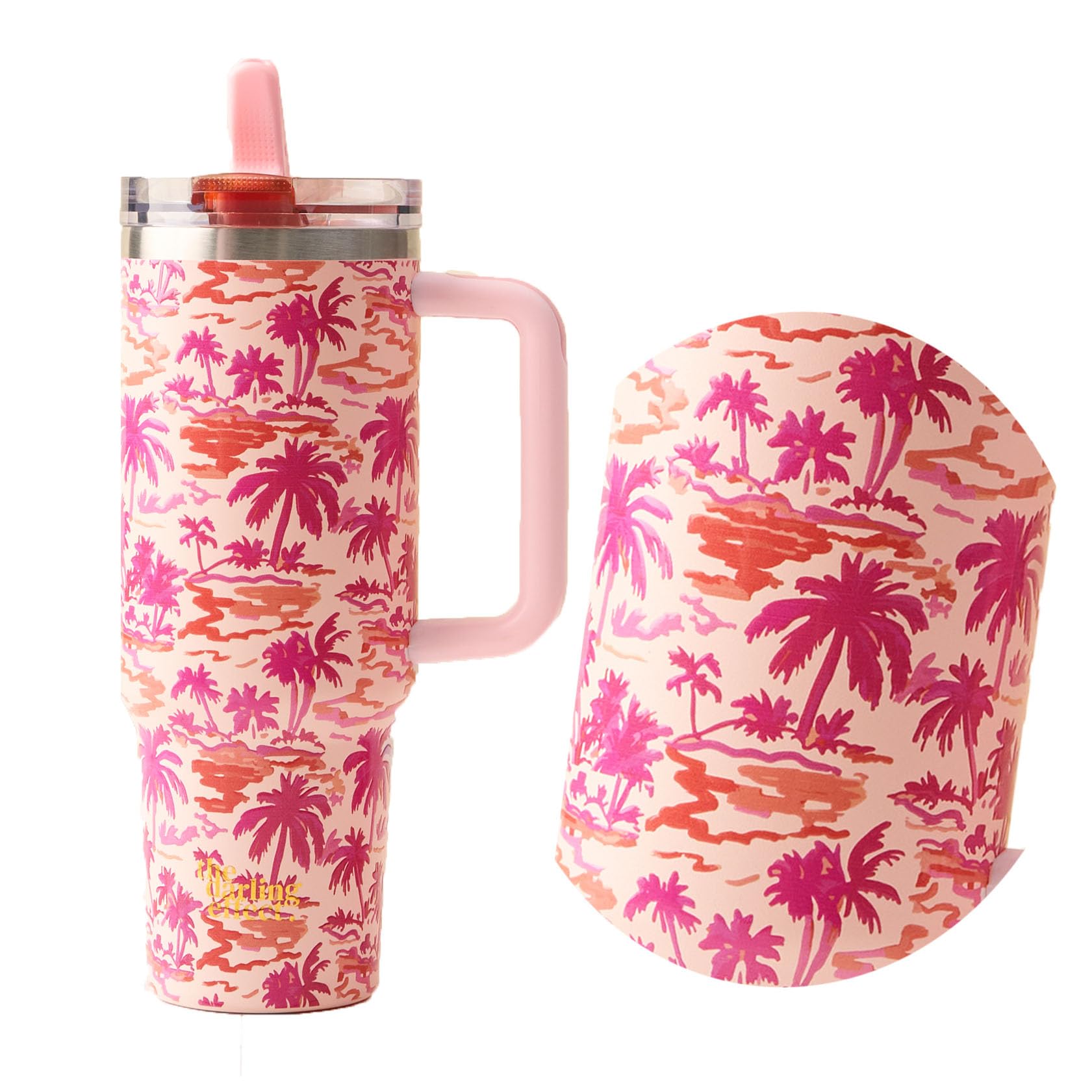 40 Oz Tumbler With Handle Paradise Palms Flip Straw Lid Insulated Stainless Steel Leakproof