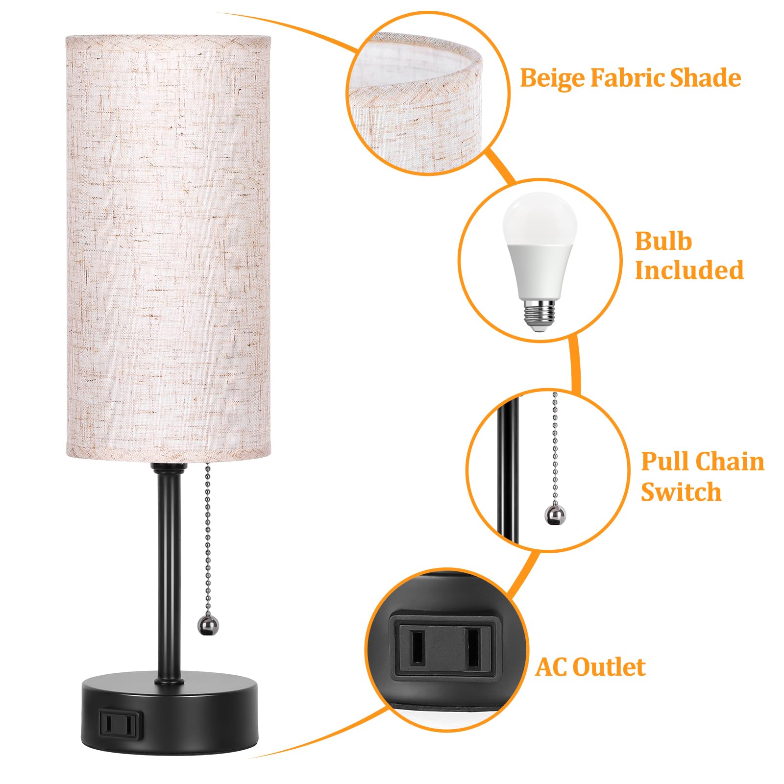 Dott Arts 15" Table Lamp For Bedroom, 3-Color Bedside Lamps With Pull Chain, Bedroom Table Lamps For Nightstand,Ac Outlet Small Lamp For Living Room, Bulb Included