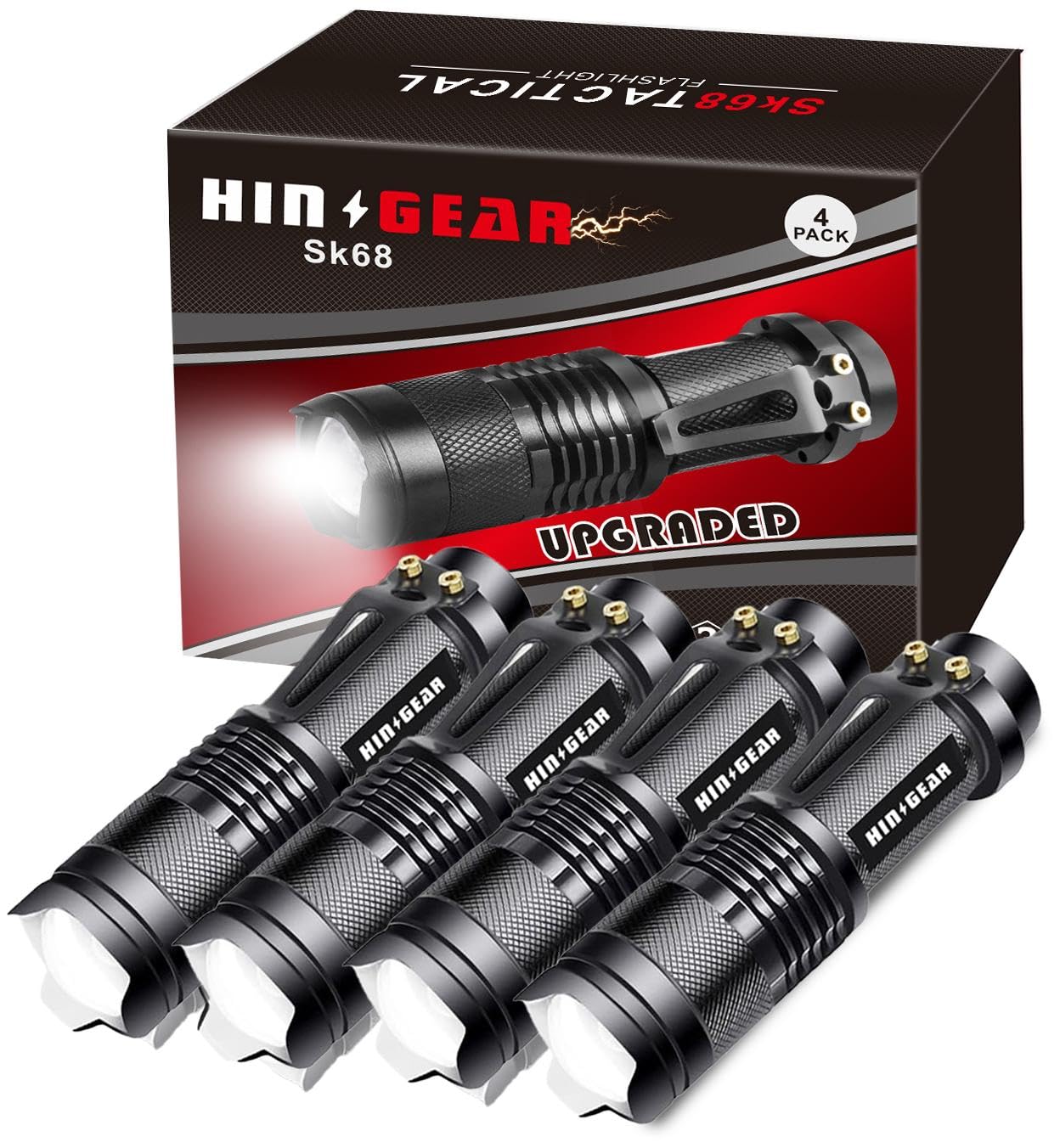 Hinsgear 4 Pack Small Mini Flashlight Led Single Mode Light 1 Mode Flashlight Aluminum Zoomable Focus Water Resistant Handheld Flash Light For Camping, Outdoor, Home Use,