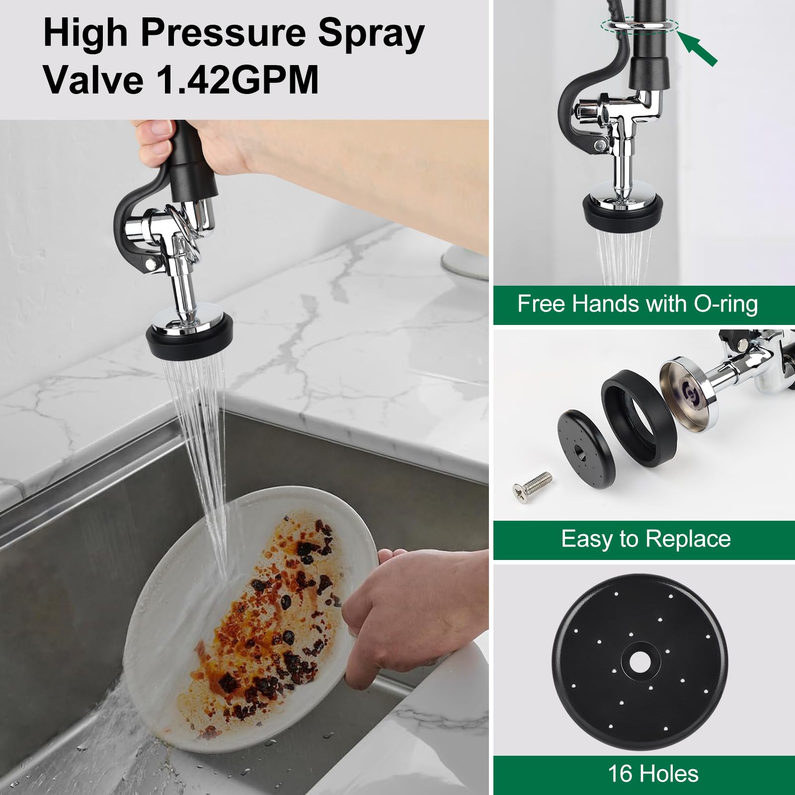 Kwode 36” Height Commercial Kitchen Faucet Wall Mount With Sprayer 8”Adjustable Center Restaurant Pre-Rinse Faucet With 12” Swing Spout And Pull Down Spray For 2/3 Compartment Sinks, Chrome Polished