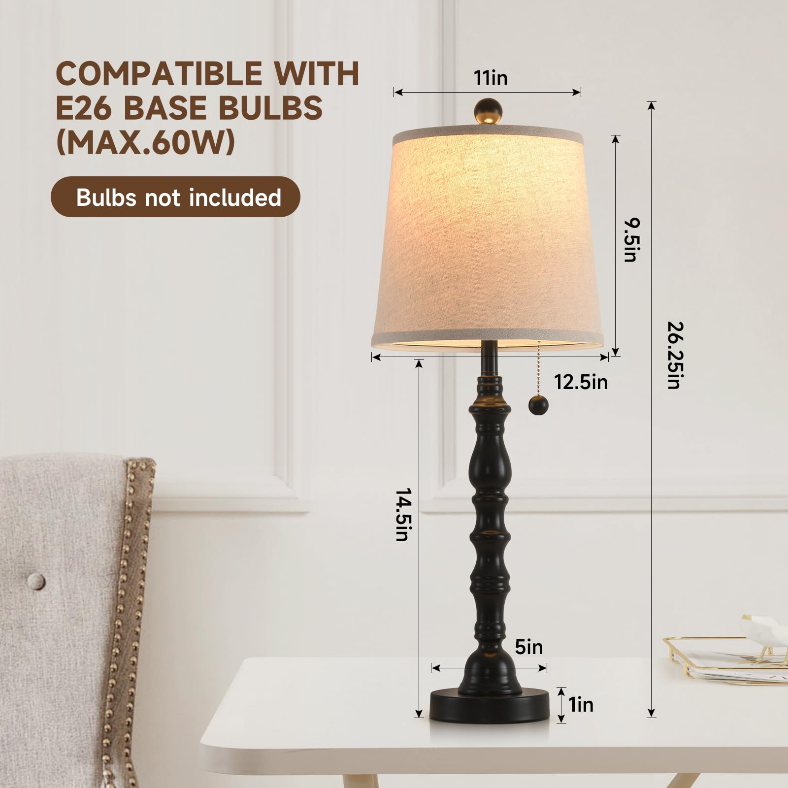 Terpsichore Lamps Set Of 2 Modern Farmhouse Table Lamp Bedside Reading Lights Living Room End Lamps Night Stands Bedroom Night Light,High 26.25 Inch,Black,With Fabric Lamp Shade,Bulb Not Included