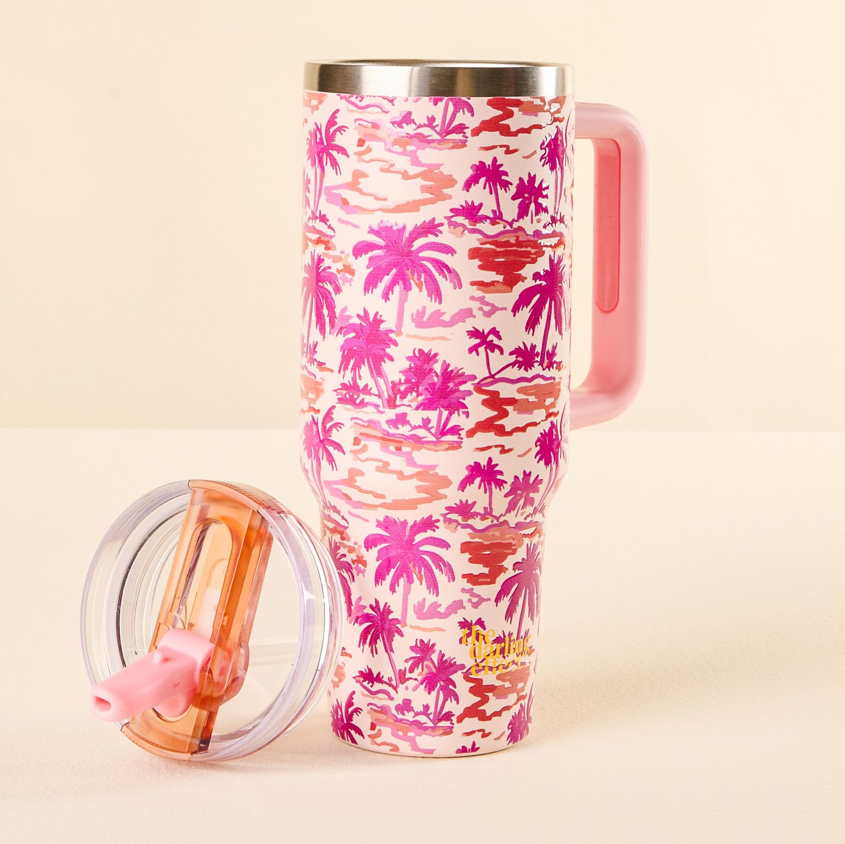 40 Oz Tumbler With Handle Paradise Palms Flip Straw Lid Insulated Stainless Steel Leakproof