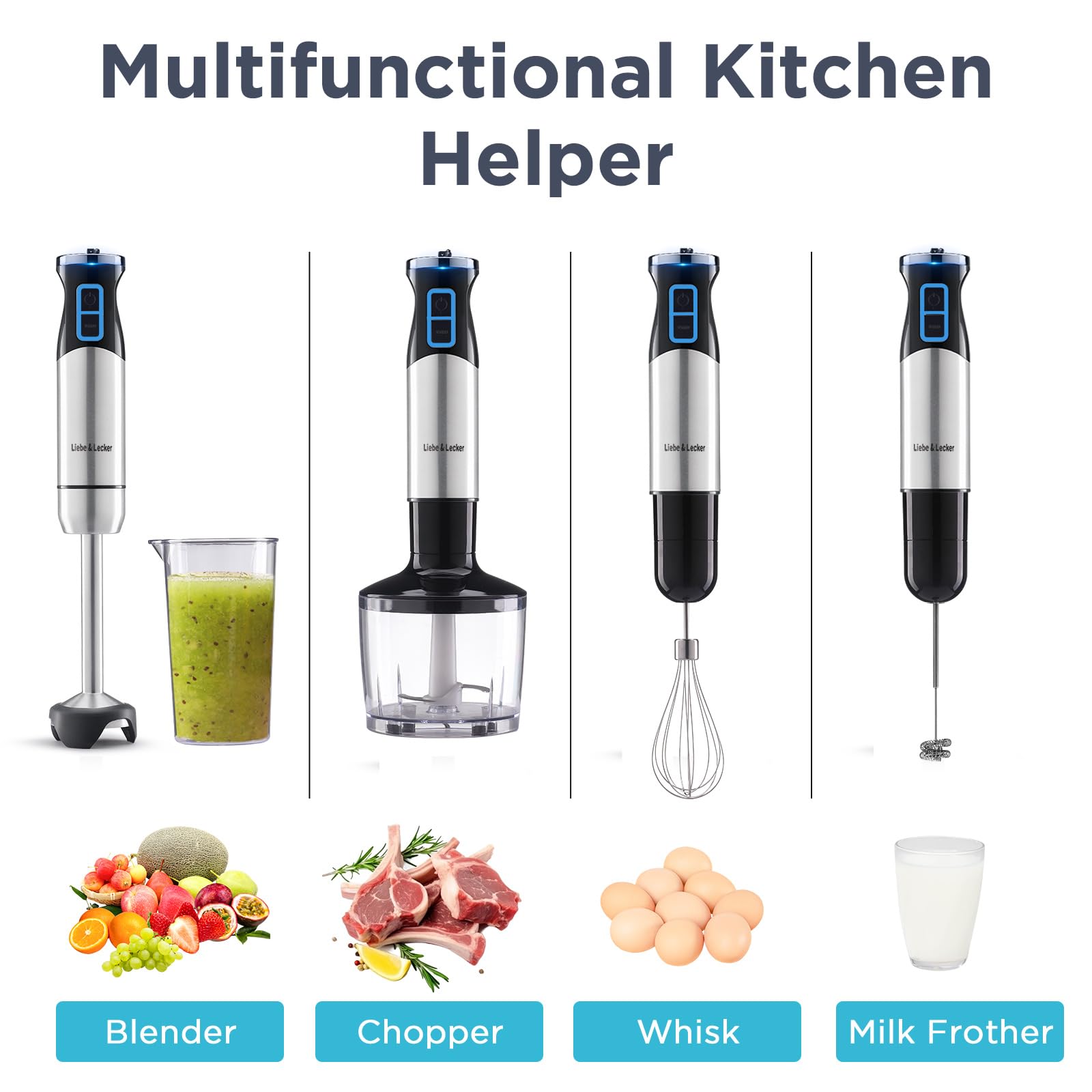 Liebe&Lecker 5 In 1 Hand Blender, Immersion Blender 8-Speed With Whisk, Milk Frother Attachments, Portable Stick Mixer For Baby Food, Smoothies & Soups. (Corded 1095)
