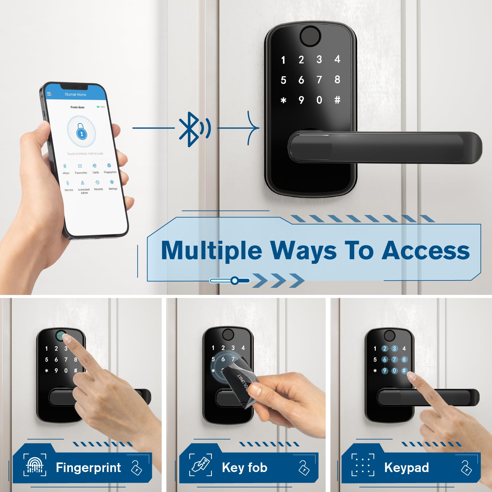 Olumat Keyless Entry Door Lock With Handle: Smart Lock With Fingerprint - Keypad Lock With App Control - For Front Door, Garage, Home, Office, Rental