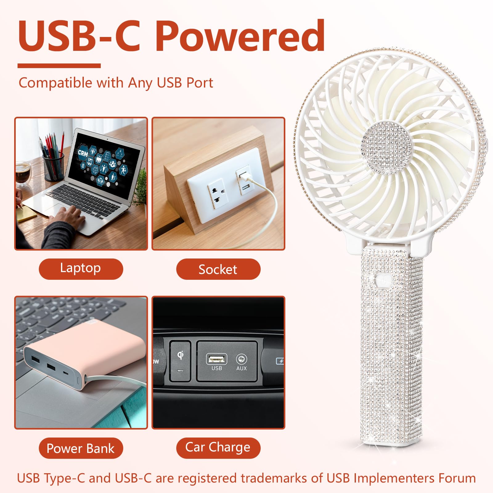 Mudder Rhinestone Handheld Fan Crystal Bling Mini Personal Fan Glitter Bedazzled Portable Usb