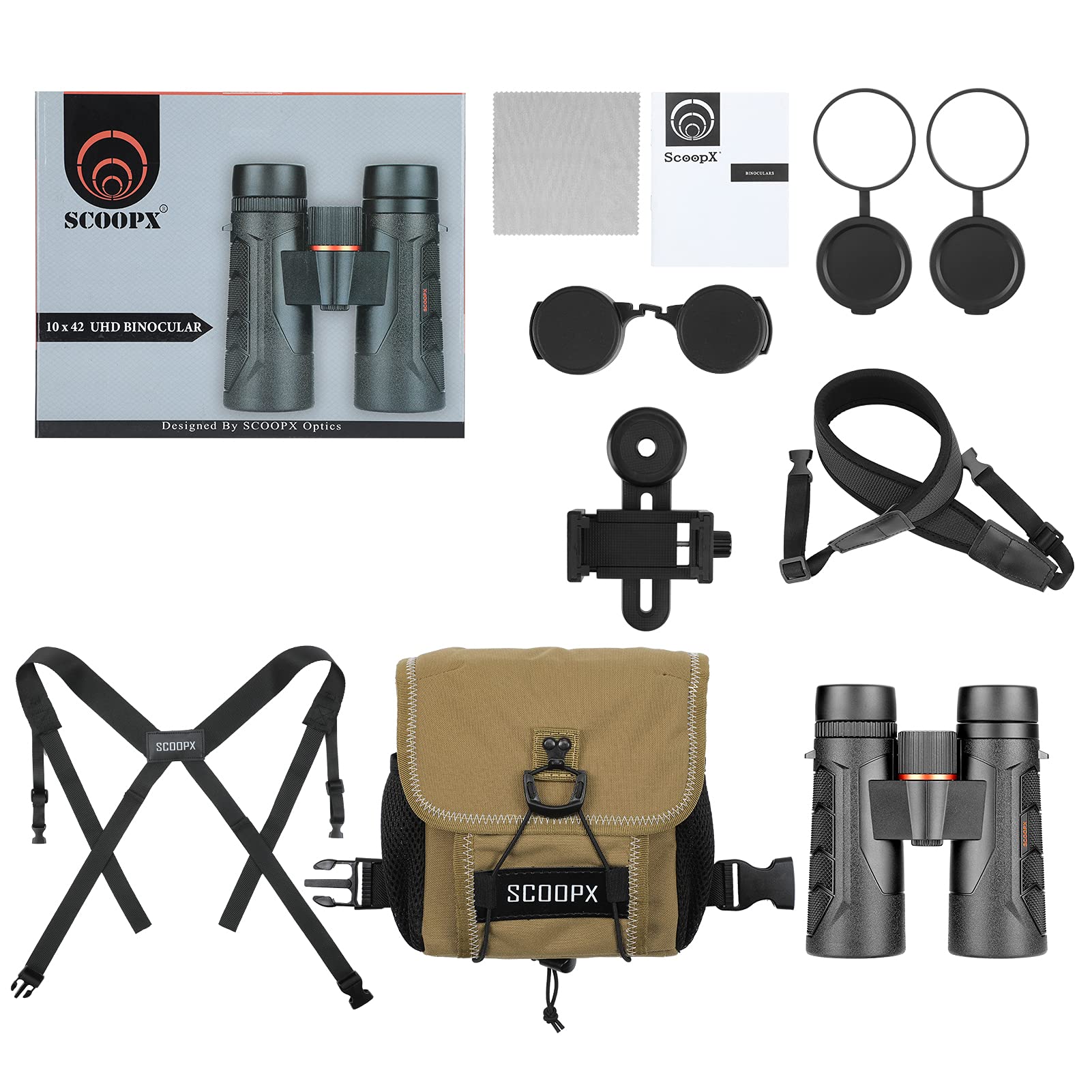 Scoopx 10X42 Ultra Hd Binoculars With Phone Adapter And Harness - 24Mm Large View Eyepiece, Edge-To-Edge Sharpness, 6.5° Wide Angle Field Of View - Lightweight Waterproof Binoculars For Bird Watching Huntin1