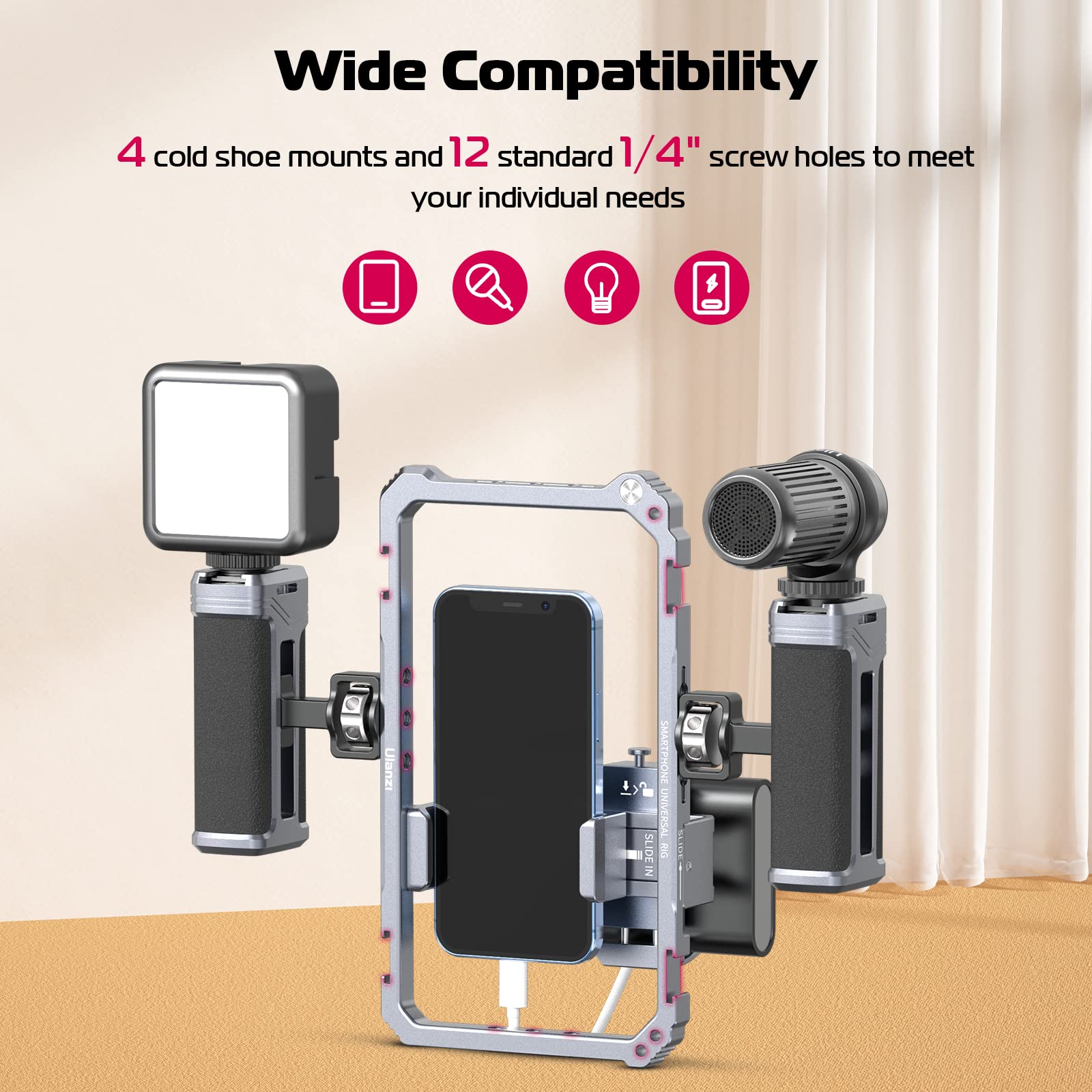 Ulanzi Universal Phone Video Rig Kit With Handles, Aluminum Handheld Stabilizer Phone Video Filmmaking Grip For Video Maker Videographer With Cold Shoe For Iphone 16 15 14 13 Mini Pro Max 8 Plus