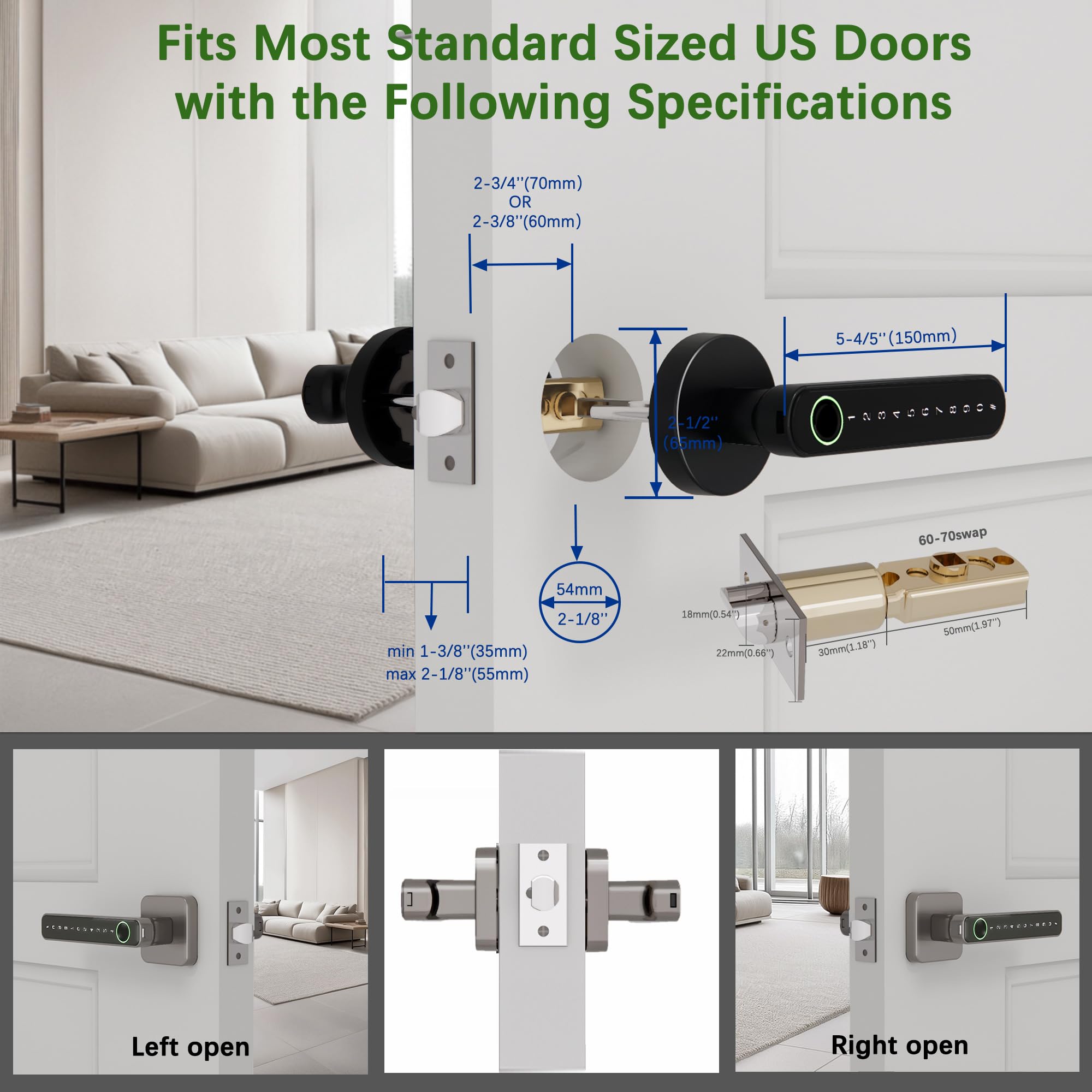 Chen Lclilichen Smart Electronic Fingerprint Door Lock, Keyless Entry With Handle, Codes, App, Ic Cards, Fingerprints, Keys, For Home Bedroom Apartment (Black)