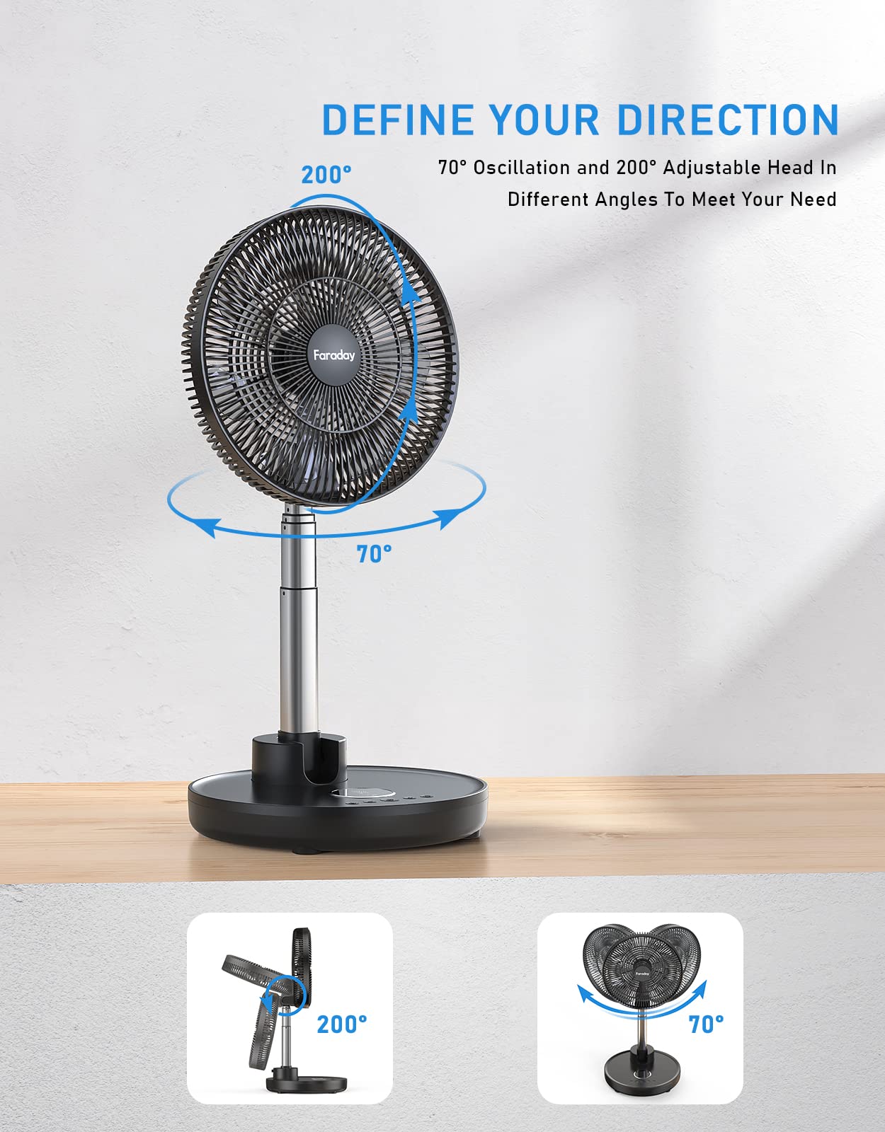 Faraday Oscillating Standing Fan 12” Foldable Portable Quiet Floor Fan 12000Mah Rechargeable