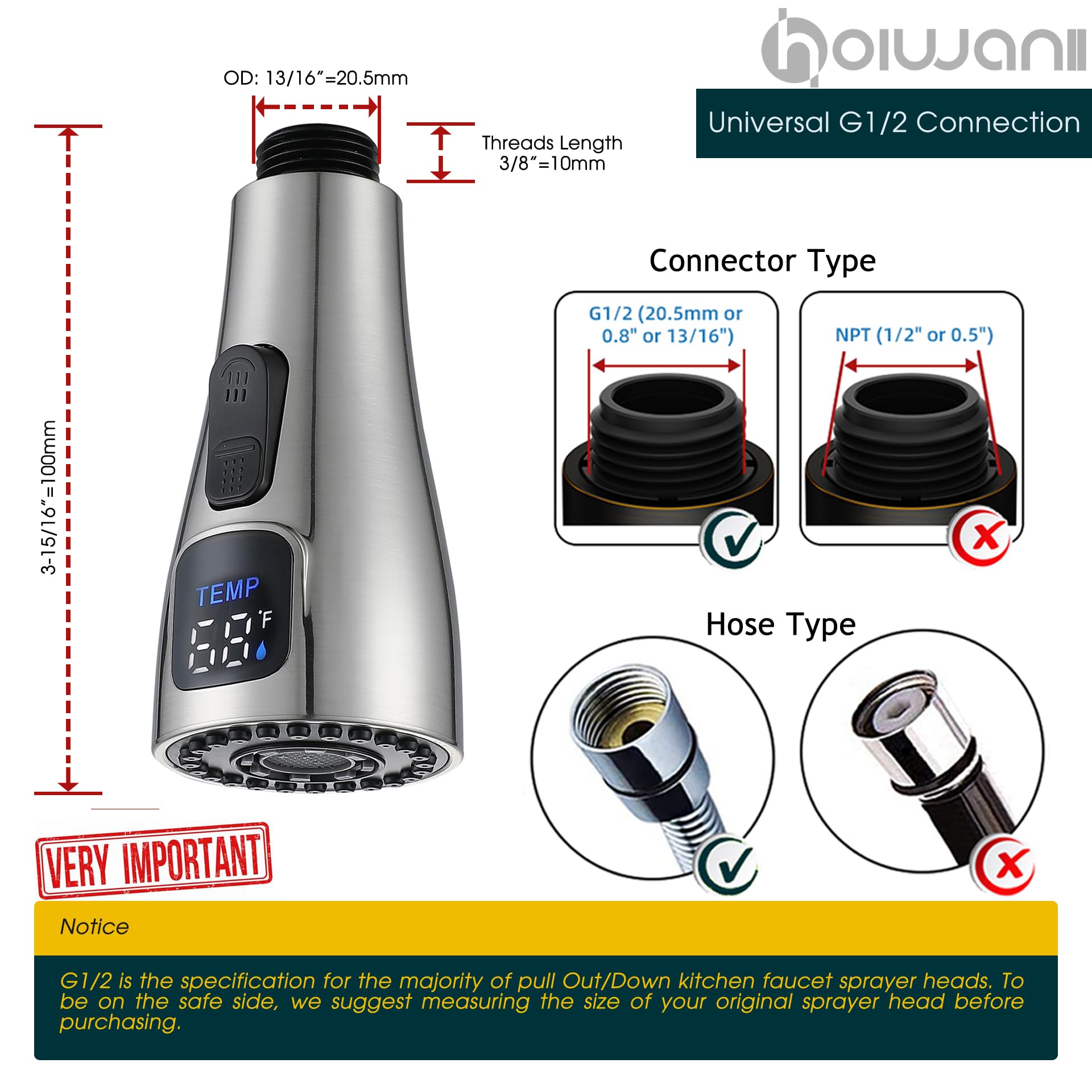Hoiwanii Kitchen Faucet Head Replacement, Led Temperature Display Kitchen Spray Head, Pull Down Pull Out Faucet Sprayer Nozzle,Brushed Nickel
