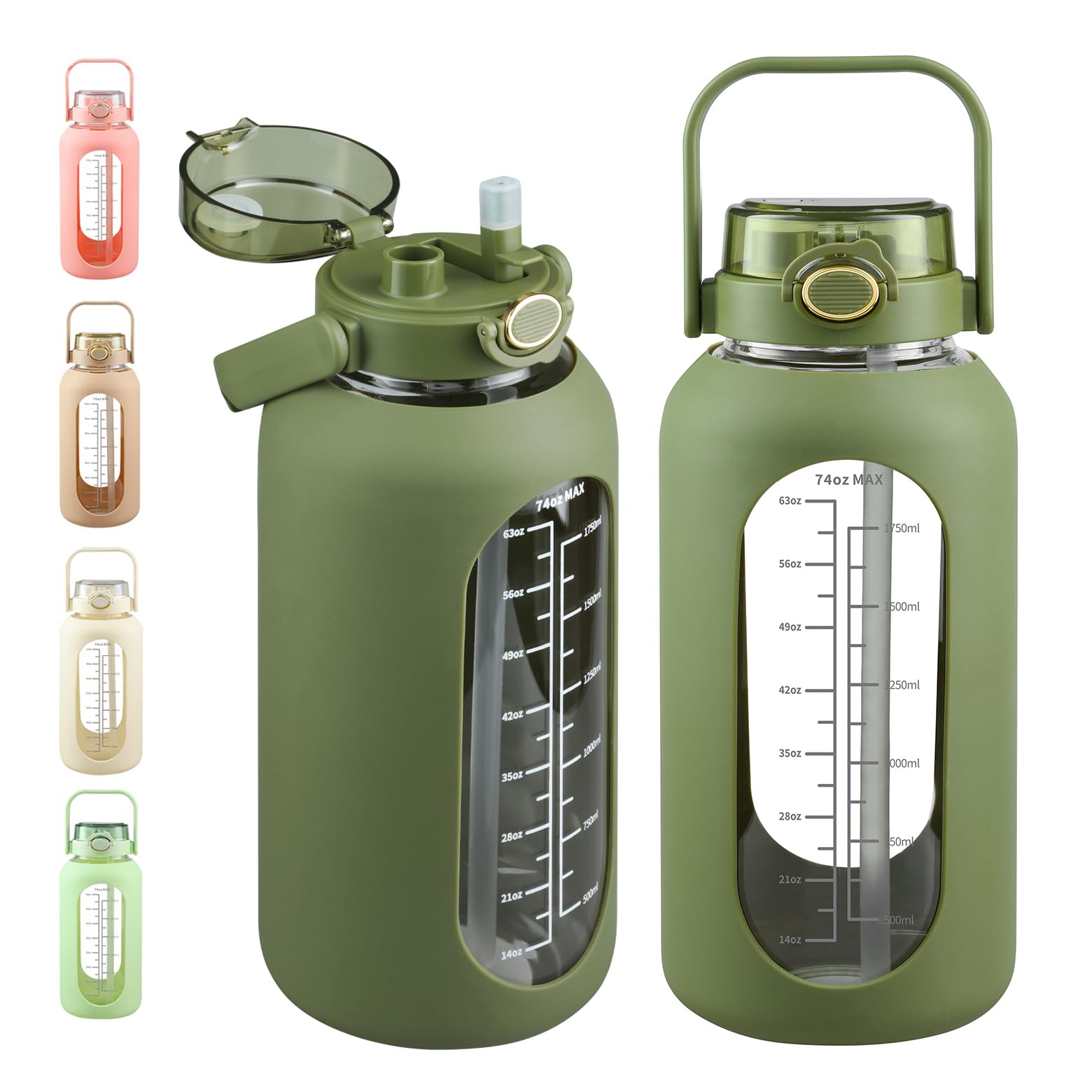 Sierozur 74Oz Glass Water Bottle With Straw And Lid Large Gallon Water Jug With Silicone Sleeve