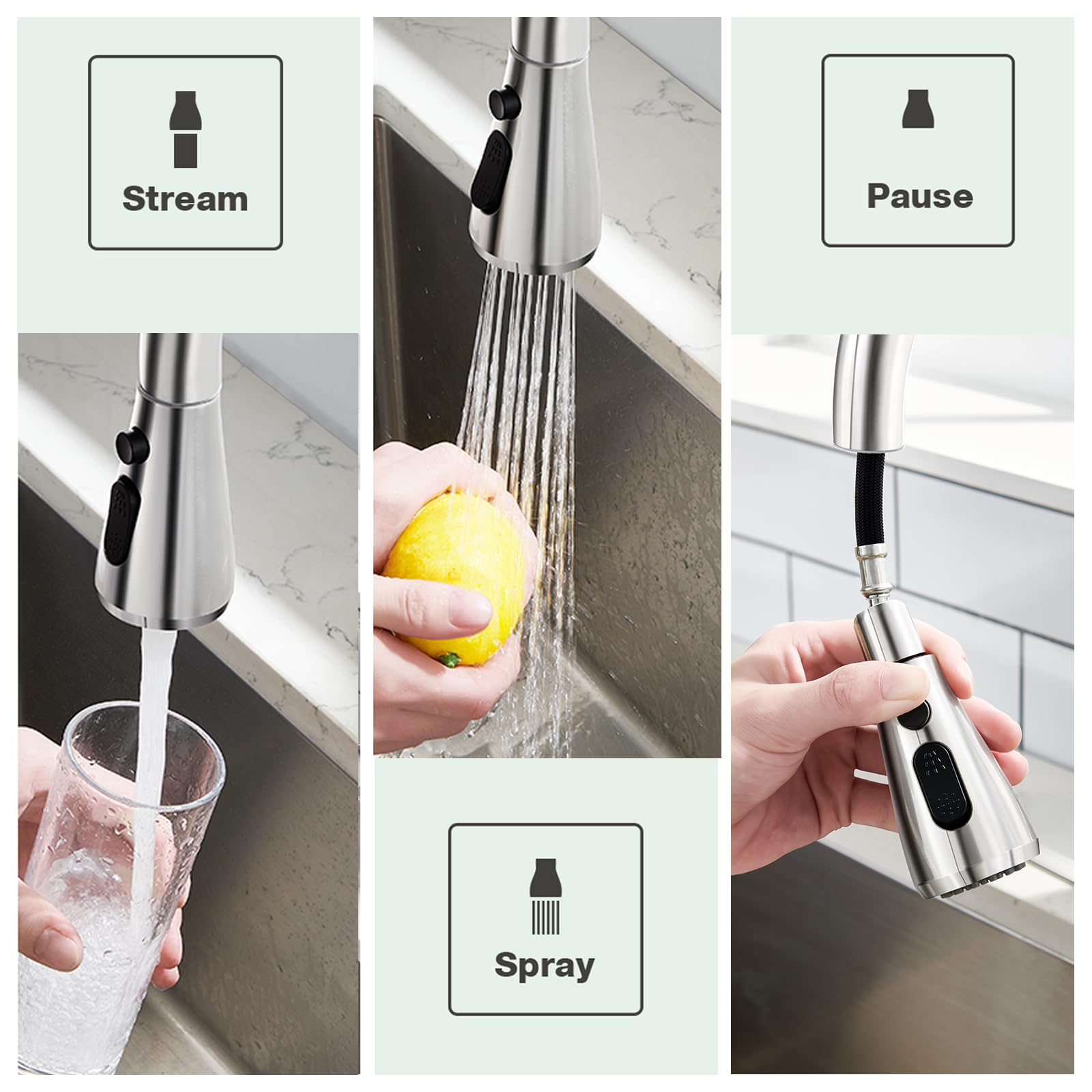 Ceihnau Kitchen Faucets With Soap Dispenser, Stainless Steel Kitchen Sink Faucet With Pull Down Sprayer, 3 Mode High Arc Brushed Nickel Single Hole Pull Out Faucet For Bar Laundry Rv Utility Outdoor