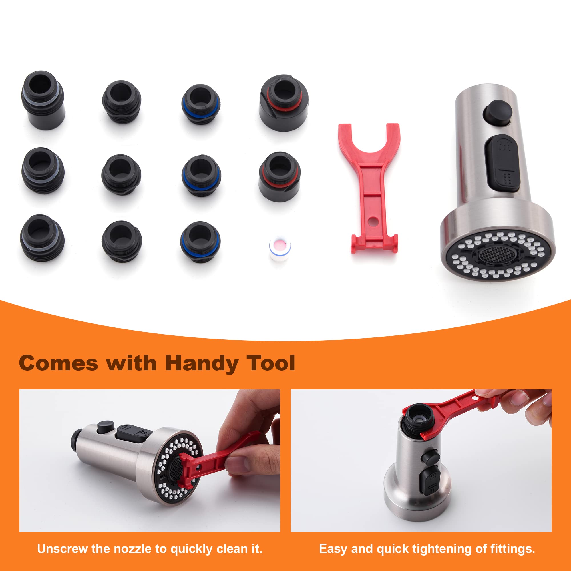 Tioriy Pull Down Spray Head Replacement - For Kitchen Faucet Sprayer Head With 15 Adapters, 3 Function Pull Out Faucet Spray Nozzle, Brushed Nickel