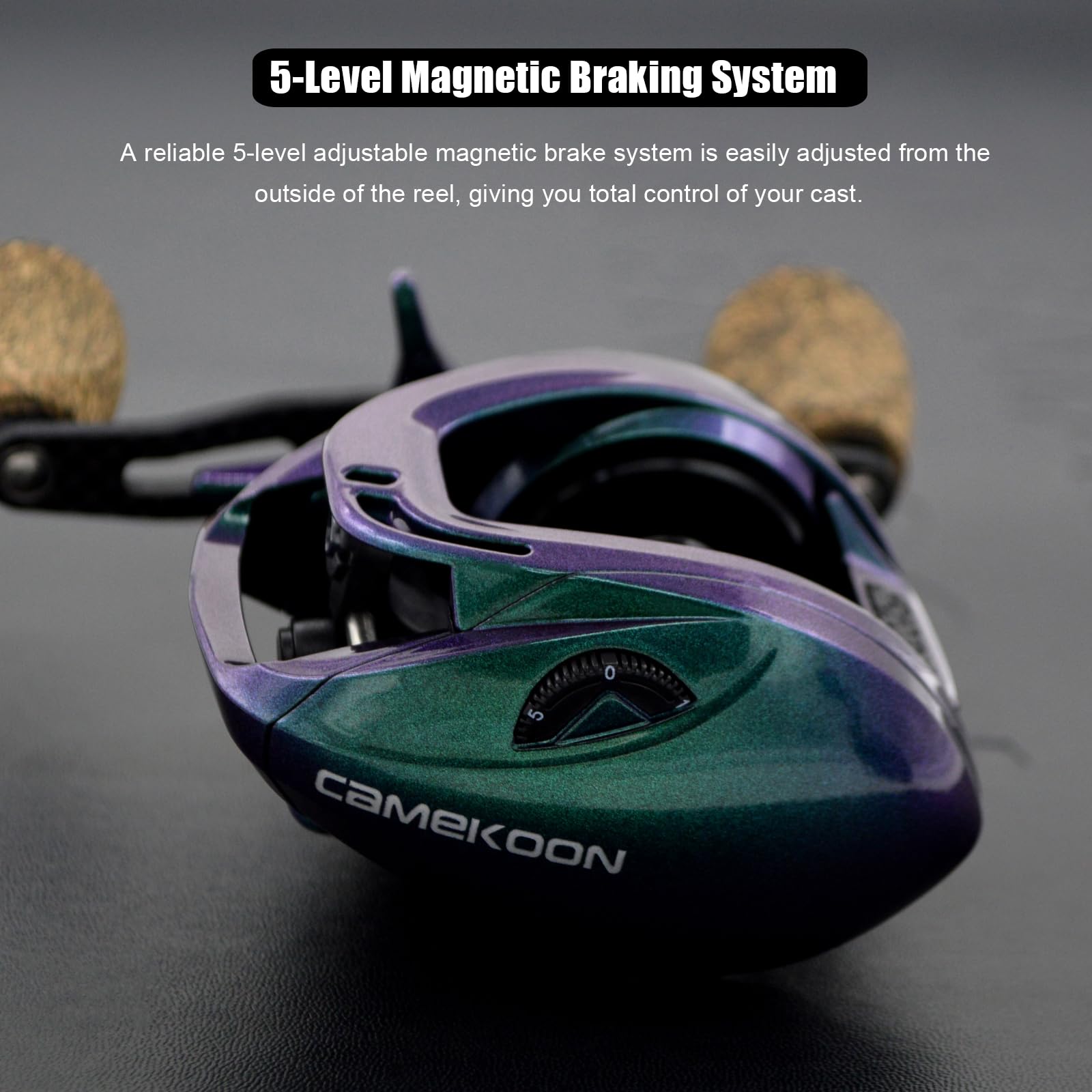 Camekoon Chameleon 200 Baitcasting Fishing Reel, Only 6.5 Ounces. Carbon Fiber Frame & Side Covers, 9+1 Stainless Steel Ball Bearings, Magnetic Brakes, Dual Cork Handles, Low Profile Baitcaster